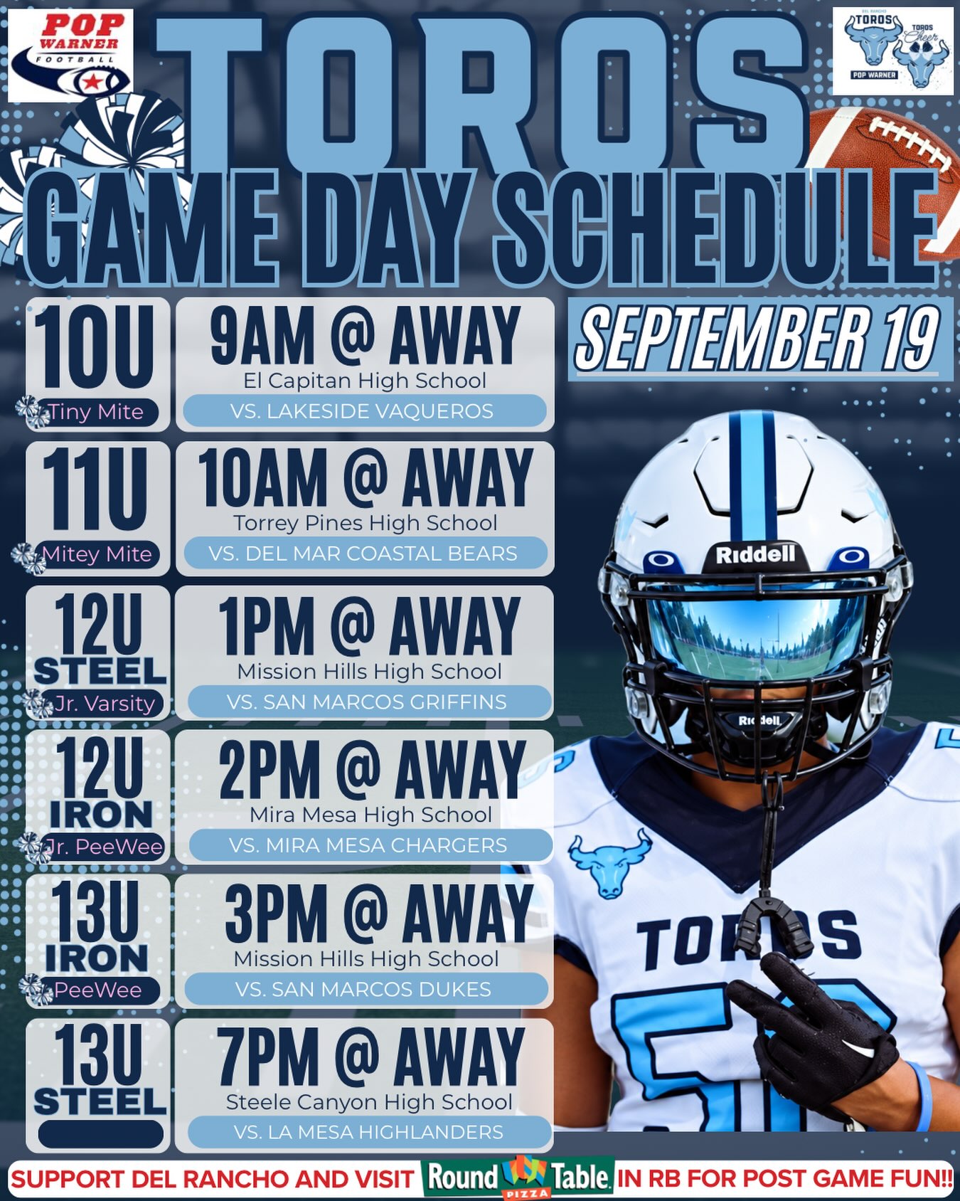 🏈📣 GAME DAY, TOROS! 📣🏈
🚙 ALL TEAMS ARE AWAY THIS WEEKEND! 🩵💙
Let’s show up for our athletes, bring the TOROS SPIRIT and represent Del Rancho with PRIDE! 🔥
As guests at other fields, please remember that we represent Del Rancho everywhere we go — let’s be respectful, positive and on our BEST behavior both on the field and in the stands. 🩵
Travel safe, cheer LOUD & LET’S GO TOROS! 🏈📣