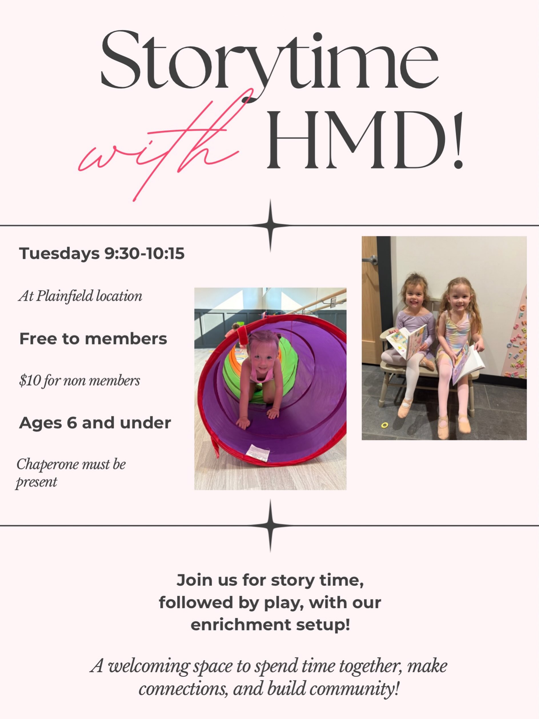 Storytime with HMD! 📚✨
Join us every Tuesday from 9:30–10:15 AM at our Plainfield location for a story followed by play with our fun gymnastics and enrichment setup!
It’s the perfect opportunity for little ones to explore and for adults to connect, all while creating community together. 🩷
✨ Ages 6 and under
✨ A chaperone must be present
✨ Free for HMD members
✨ $10 for non-members