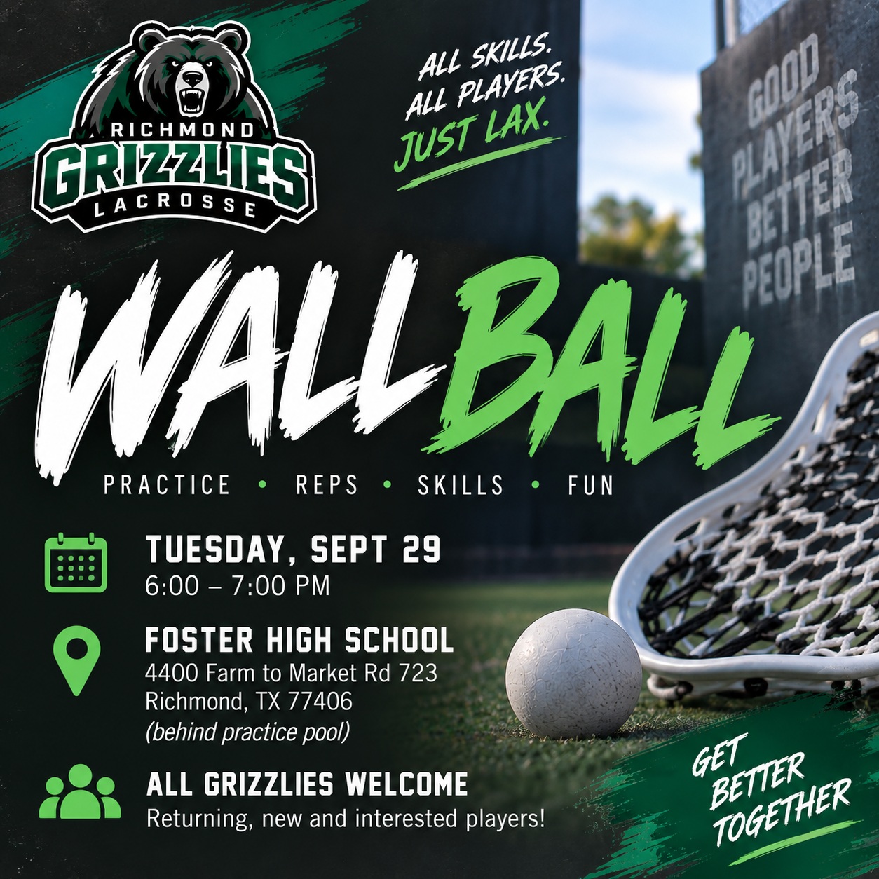 🥍 WALL BALL TODAY! 🐻💚
📅 Tuesday, September 29
⏰ 6–7 PM
📍 Foster High School, behind the practice pool
Grab your stick, bring some water and come play! 💪🥍
#GrizzlyLax #RichmondGrizzlies #WallBall #Lacrosse #YouthLacrosse #RichmondTX #FortBend
