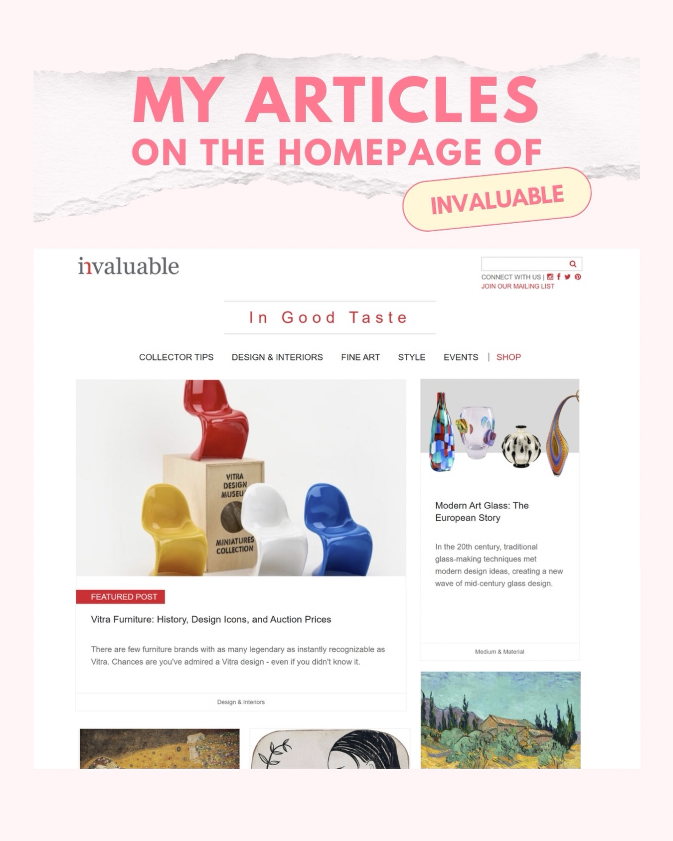 The world is FULL of objects… but how do you know what’s actually worth collecting? 👀👛
And more importantly, how do you know if something could become more valuable over time? 💸
Auction results and market trends can tell us a lot! 📈
I regularly write for @invaluableofficial ‘s ‘In Good Taste’ blog, exploring how the auction market shapes the way we understand and collect design, antiques and art.
So far, I’ve written about everything from @vitra furniture and modern art glass to artists’ estates. Using Invaluable’s auction archives alongside my own research, I look at what people are buying, what’s driving demand and how this connects to the deeper histories behind the objects we collect.
Interested in the world of collecting? 🧐
Have a look at my articles on Invaluable’s ‘In Good Taste’ blog — link in bio! ✨
And if you like my writing and are looking for a freelance writer, I can write for you too! Let’s chat in the DMs. 😊📩
•
•
#antiques #design #artmarket #marketanalysis #auctions • antique • design history • history • art • journalist • writer • historian • furniture • antique glass • mid-century design • collectibles • collection