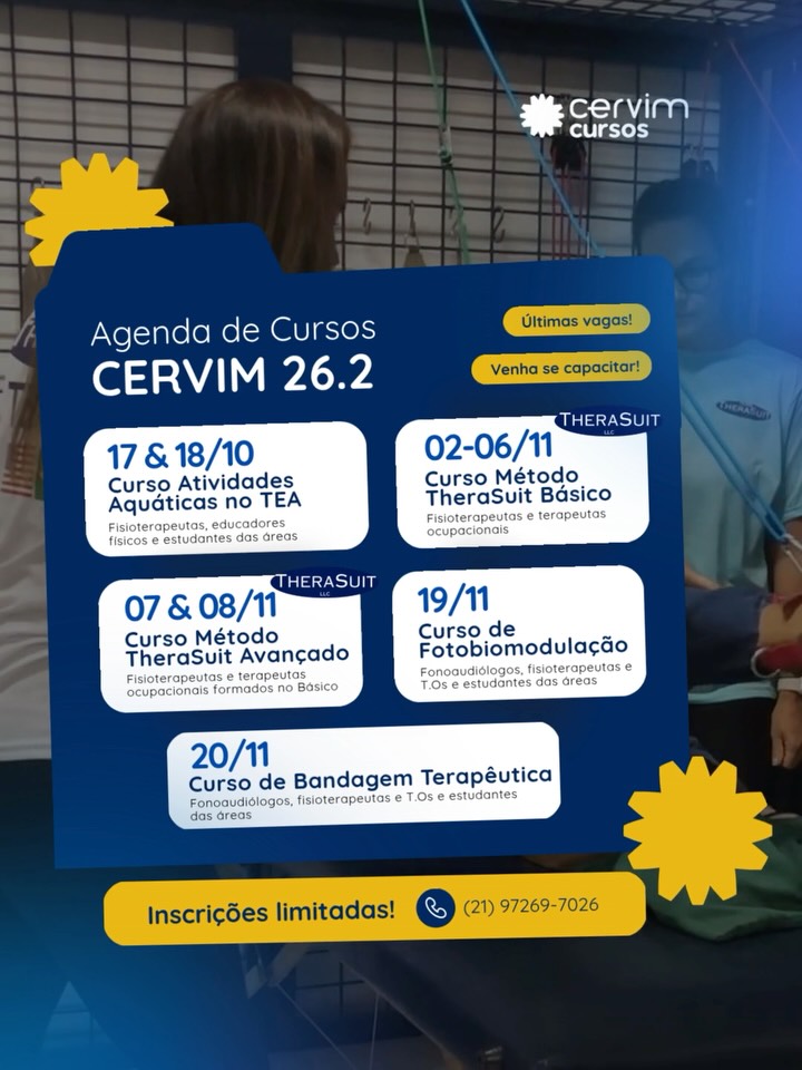 Agenda de Cursos | CERVIM (Rio de Janeiro - RJ)
Em outubro receberemos o curso de Atividades Aquáticas no TEA, para profissionais de Educação Física, Fisioterapeutas e estudantes das áreas, com a @drajoycesoares 💙
Em novembro, receberemos os cursos Básico e Avançado do Método TheraSuit, com a instrutora Ana Cecília Frazão (@ana_cecilia_frazao), referência e pioneira no método. 💙
Nos dias 19 e 20/11, receberemos a @afonodotherasuit para os cursos de Fotobiomodulação e Bandagem Terapêutica, para fonoaudiólogos, fisioterapeutas, terapeutas ocupacionais e estudantes das áreas.
São muitas oportunidades para capacitação no Centro que é referência nacional! 📚
Inscrições: (21) 97269-7026 - Cervim Cursos.
#cervimcursos #cursosfonoaudiologia #cursosfisioterapia #cursos #cervim