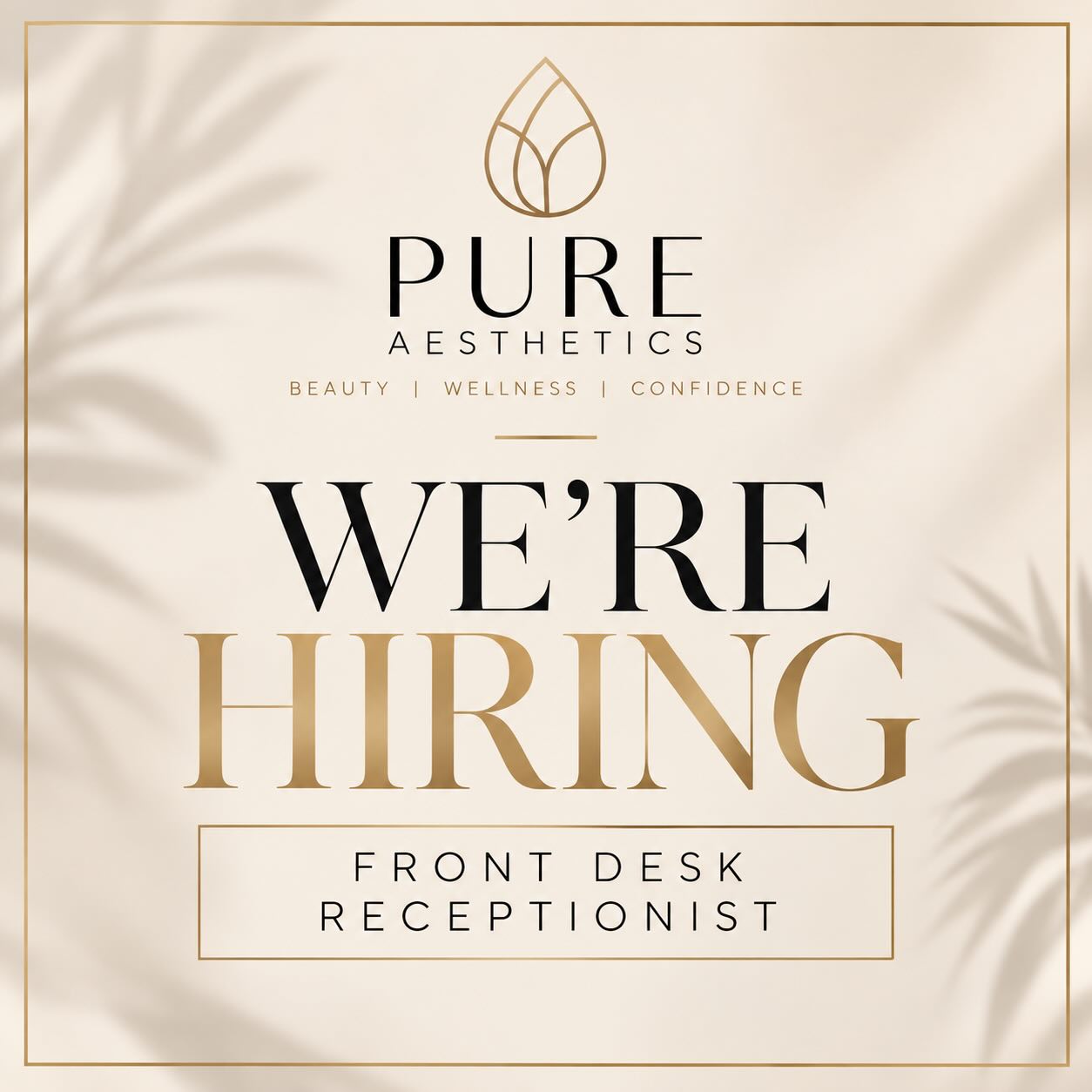 ✨ NOW HIRING ✨
FRONT DESK RECEPTIONIST
We’re growing our Pure Aesthetics team and looking for a polished, personable, and motivated Full-Time Front Desk Receptionist who loves creating an exceptional client experience. 🤍
THE POSITION
Monday, Tuesday, Thursday & Friday
9:00 AM – 5:00 PM
Wednesday
9:00 AM – 7:00 PM
📍 Must be willing to work at both Pure Aesthetics locations
Murrells Inlet + North Myrtle Beach
OUR IDEAL CANDIDATE
✦ Friendly, professional & welcoming
✦ Organized with excellent attention to detail
✦ Dependable and comfortable multitasking
✦ Fluent & confident with social media
✦ A positive team player
✦ Interested in the aesthetics + wellness industry
THE PURE PERKS ✨
Enjoy great employee incentives, exclusive discounts on services + products, and the opportunity to be part of a growing aesthetics and wellness team.
READY TO JOIN PURE?
Please send your résumé to:
Melissa Morrone | Practice Manager
📧 pureaestheticscenter@gmail.com
We can’t wait to meet you. 🤍
#PureAesthetics #NowHiring #MyrtleBeachJobs #NorthMyrtleBeachJobs #MedSpaJobs