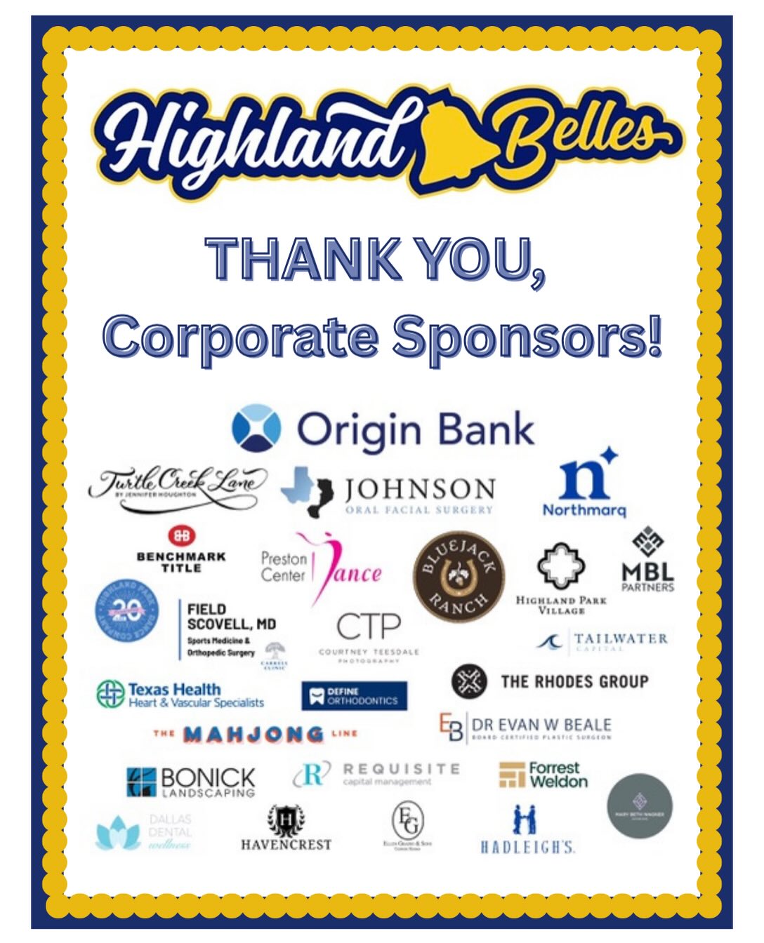 ๐๐๐๐ THANK YOU to our AMAZING CORPORATE SPONSORS for supporting our 2026 Highland Belles Spaghetti Supper! ๐