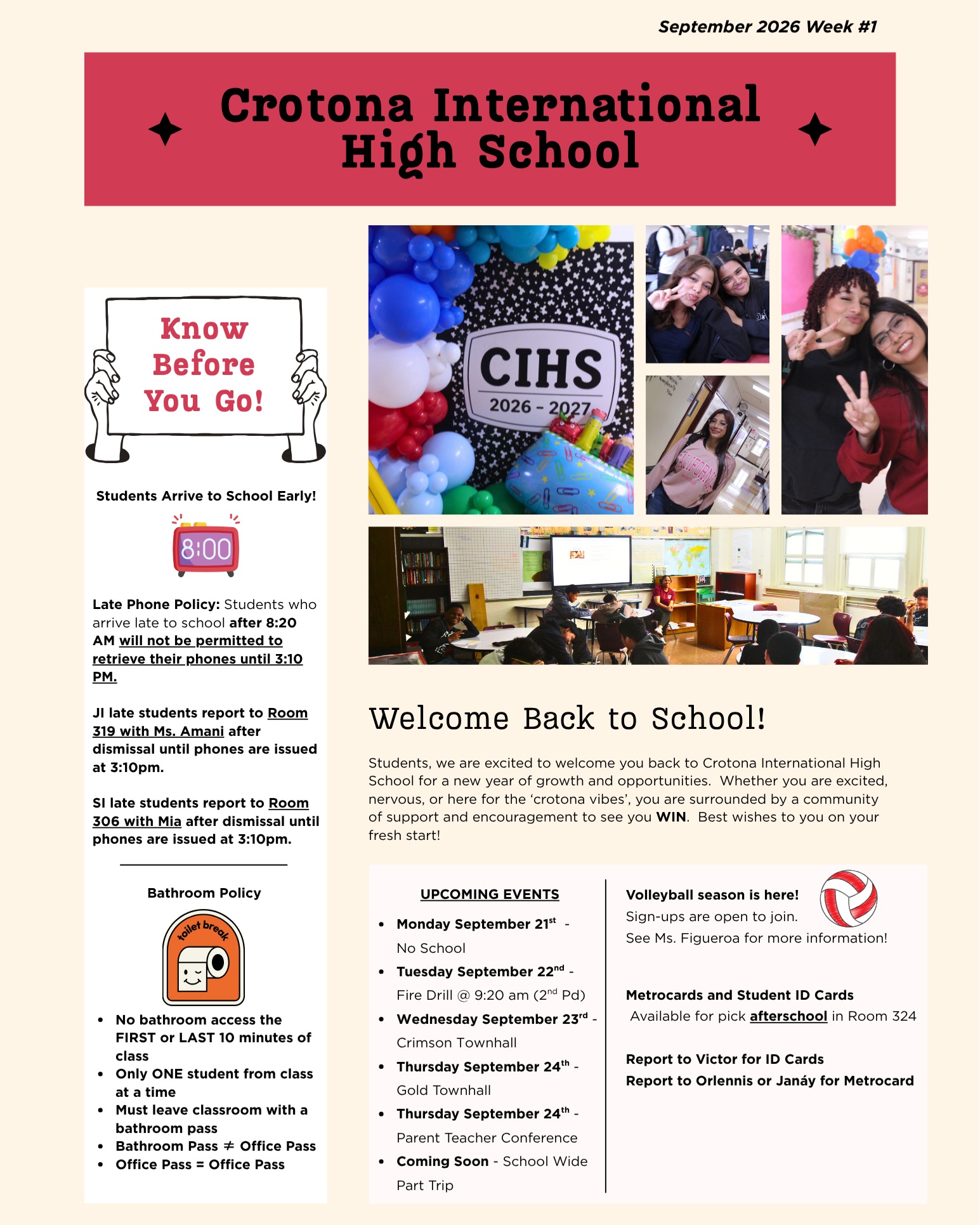 β¨Welcome Back to Crotona International High School!β¨
Hereβs everything you need to know for the upcoming week:
π Key Reminders
Arrive Early: Arrive before 8:20 AM! Late arrivals can only pick up phones at 3:10 PM.
Bathroom Policy: No bathroom access during the first/last 10 minutes of class. Always carry the correct pass!
ποΈ Upcoming Events
Mon, Sept 21: No School
Tue, Sept 22: Fire Drill @ 9:20 AM
Wed, Sept 23: Crimson Townhall
Thu, Sept 24: Gold Townhall & Parent-Teacher Conference
Coming Soon: School-wide Park Trip!
π Volleyball: See Ms. Figueroa to sign up!
π³ IDs & Metrocards: Pick up after school in Room 324 (Victor for IDs, Orlennis or Janay for Metrocards).
Have a great week, team! ππ
#CrotonaIHS #WelcomeBack #SchoolUpdates #CIHS #HighSchoolLife