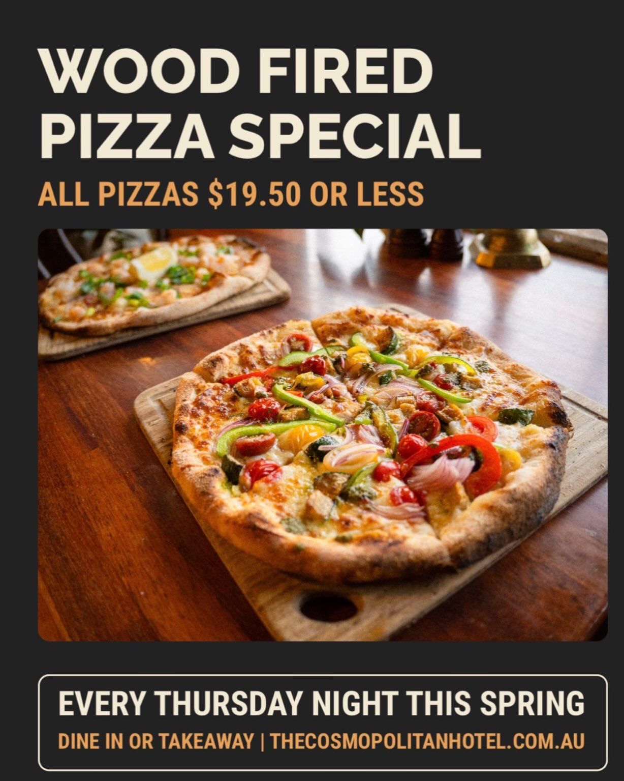 Cheap pizza Thursdays are rolling into spring…w/ a new special each week.
Tonight… prosciutto, burrata, grilled peach + a hot honey drizzle.
All pizzas $19.50 and under. From 5pm. Eat in or take out.