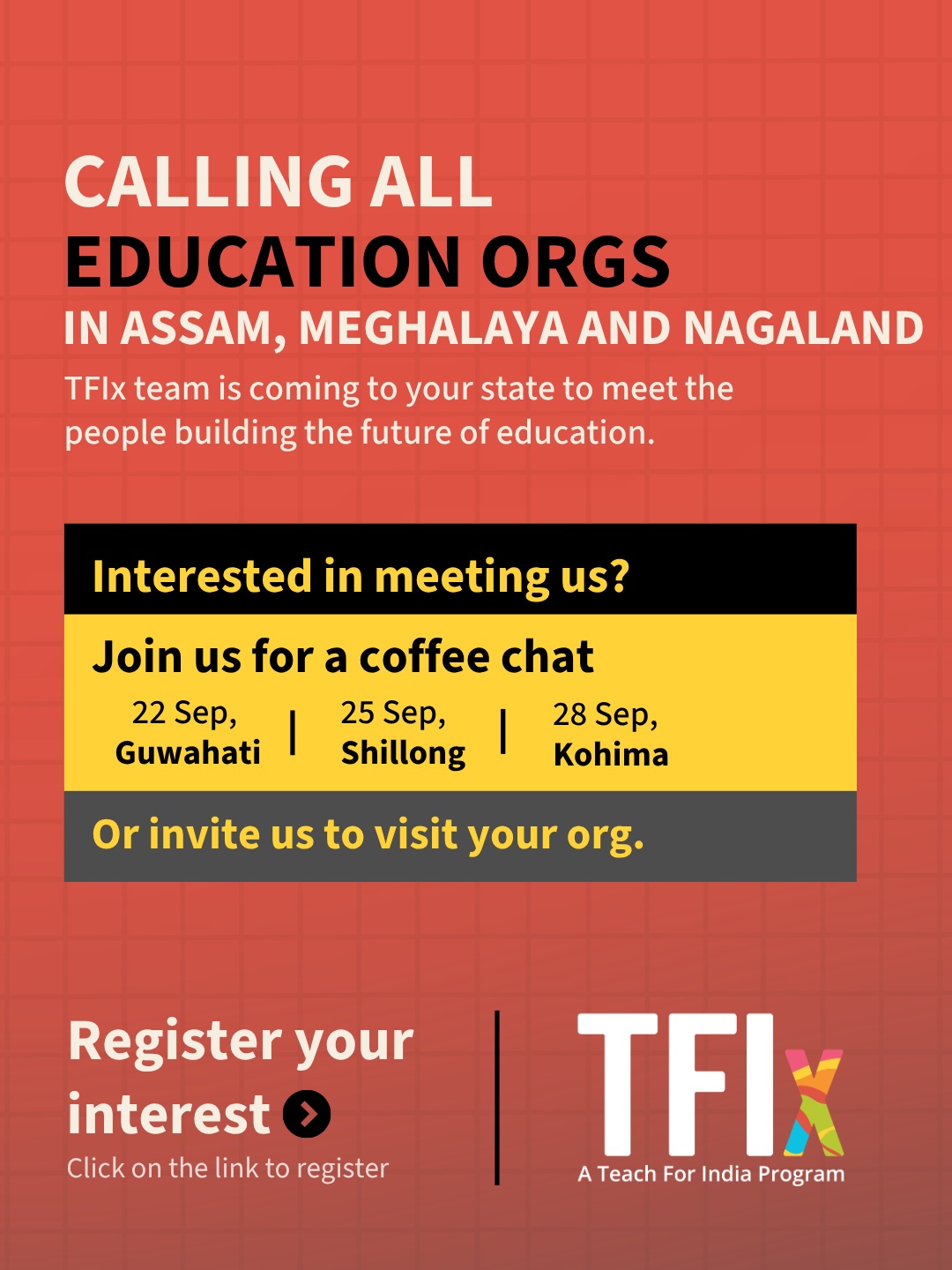 We’re heading to Assam, Meghalaya, and Nagaland!
Every region has unique challenges and stories of change. If you're an education entrepreneur working directly with children, we want to learn from your work and explore how we can strengthen impact together.
Connect with us:
- Guwahati Coffee Chat: 22nd Sep 2026
- Shillong Coffee Chat: 25th Sep 2026
- Kohima Coffee Chat: 28th Sep 2026
- Ground Visits: Invite us to your organization!
Tap the link in stories to register and meet the team.
#TFIx #TeachForIndia #SocialEntrepreneurs #EduLeaders #SocialImpactIndia#ruralentrepreneurship #educationentrepreneur