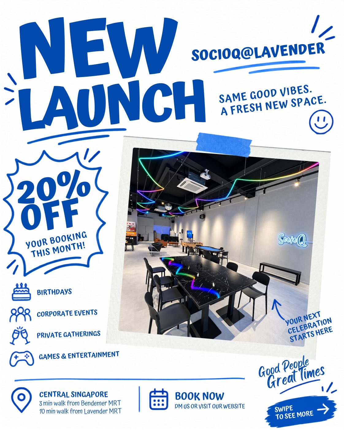 ๐ NEW LAUNCH: SOCIOQ@LAVENDER ๐
Same good vibes, now in a fresh new space. โจ
Whether itโs a birthday, corporate event, team bonding session or private gathering, SOCIOQ@Lavender gives you the space to eat, play, chill and celebrate โ all in one place.
๐ฎ Karaoke, arcade, foosball, poker & more
๐ Spacious lounge and seating areas
๐ฅ Up to 60 seated / 80 standing
๐ Just 3 mins walk from Bendemeer MRT
๐ฅ Launch Promo: Enjoy 20% OFF all bookings happening this month, exclusively at SOCIOQ@Lavender!
Use promo code LAUNCH20 when booking.
Swipe through to check out the space โก๏ธ
๐ฉ DM us or visit our website (www.socioq.com) to book your date.
#SOCIOQ #SOCIOQLavender #EventSpaceSingapore #SingaporeEventVenue #BirthdayVenueSingapore