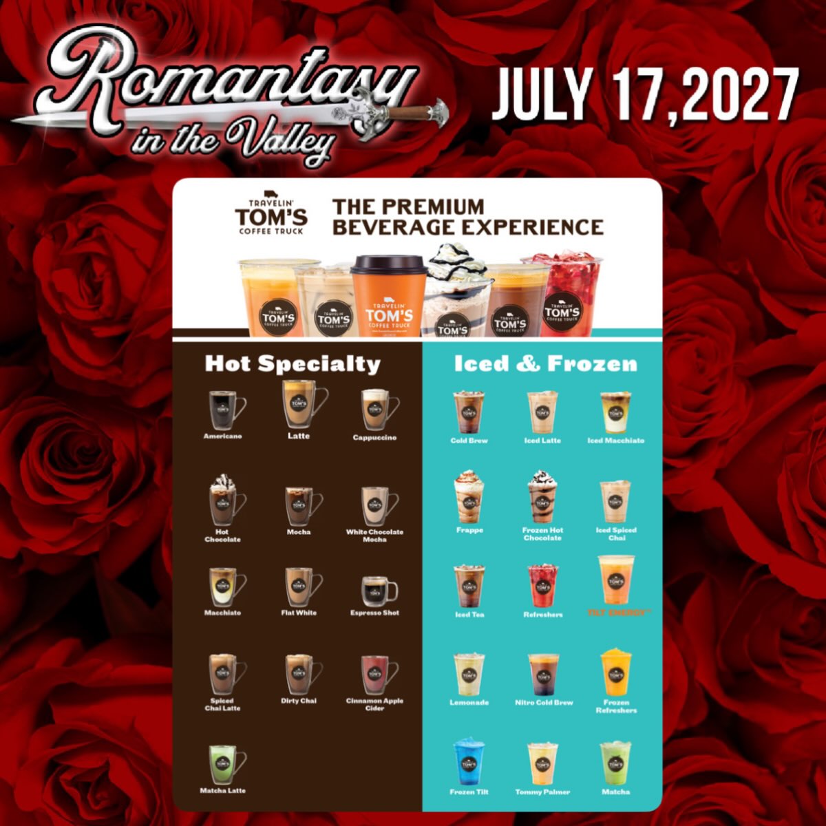 One of the big changes this year is our ability to bring food into our event for you. We are so excited to partner with local businesses to bring great food to this event.
TRAVELIN TOM’S COFFEE will be serving fresh iced and hot coffees to keep up moving through the event!
Come ready to support them and drink your fill at RITV27 for the duration of the event (10a-430p)!
Be sure to stop by and check out their menu and order your favorite drink made fresh!
7/17/27
BOUMI SHRINERS WHITE MARSH MD
TICKETS ON SALE 10/1/26 only $15
#ritv27 #romantasy #romantasyinthevalley #bookcon #travelintomscoffee