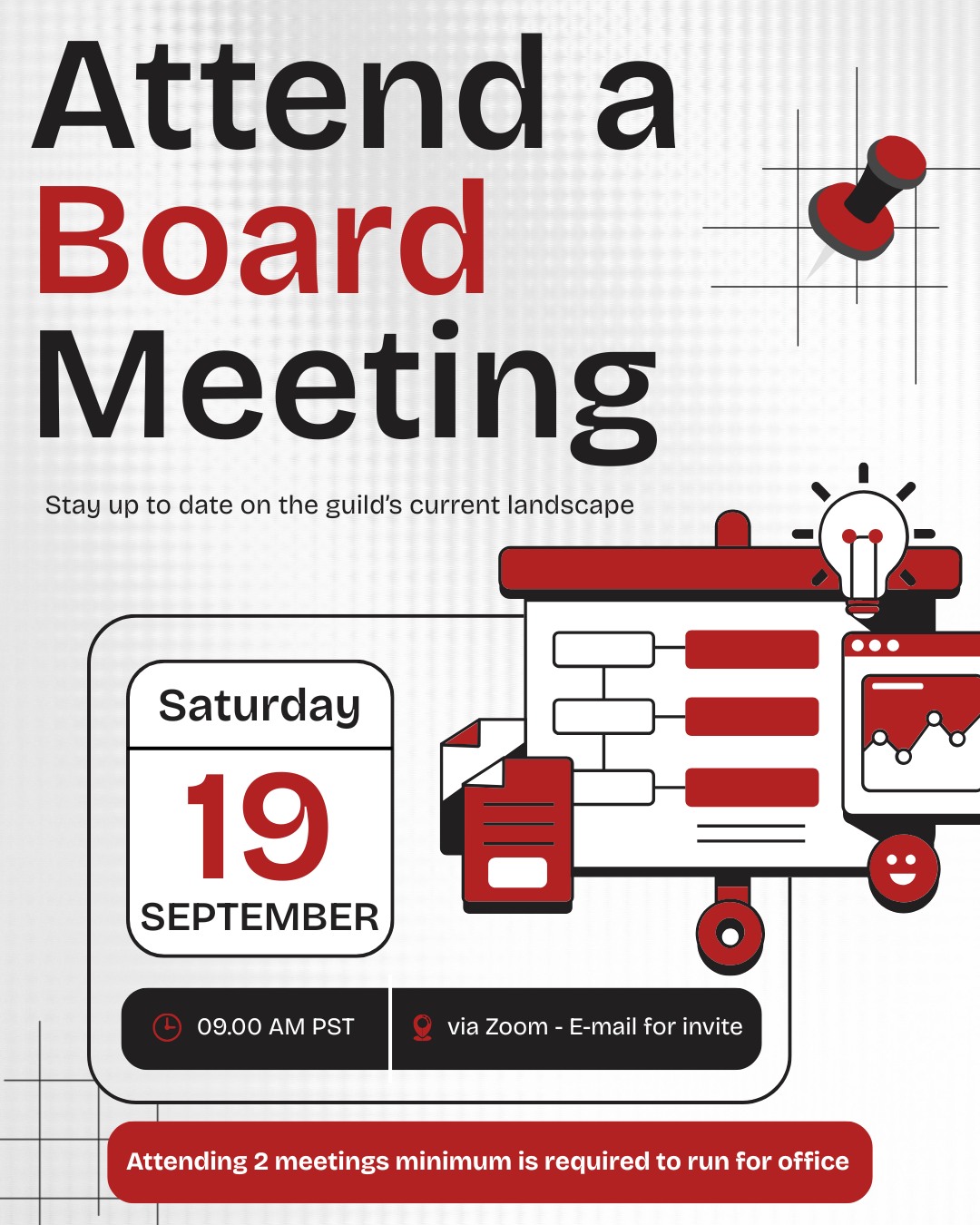 Did you know that as a PMG member, you’re invited to attend our board meetings? It’s a unique opportunity to gain insight into how the guild operates and where we’re headed.
Interested in joining a meeting? Email us at info@propertymastersguild.org for the Zoom link.
Thinking about running for office in the upcoming election? Be sure to attend at least two meetings to qualify.