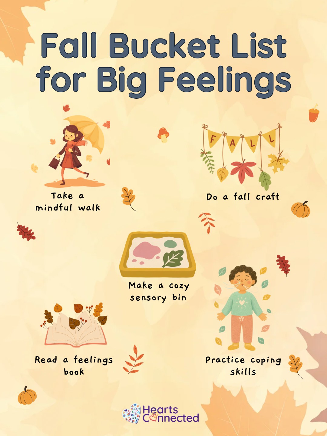 Happy first day of fall!
The change in seasons may come with big feelings. The official end of summer, back to school, sports, new routines, weather changes and more!
Our fall bucket list is filled with ways kids can cope with these big changes-
🍂Take a mindful walk: crisp, fall air can help us clear our minds and helping us get through tough, overwhelming feelings
🍂Do a fall craft: welcome in fall with a fun fall theme craft, like pumpkin decorating, a leaf craft and more!
🍂Make a fall sensory bin: create a fun sensory bin to keep kids busy inside or outside the house. It can be filled with leaves, acorns, and other fall items!
🍂Read a feelings book: reading feelings books can help us work on identifying our emotions this fall and communicating how we feel!
🍂Practice coping skills: practice the coping skills that already work for us! Take on fall prepared to take on big changes and emotions!
Comment below how you are welcoming the fall season!
