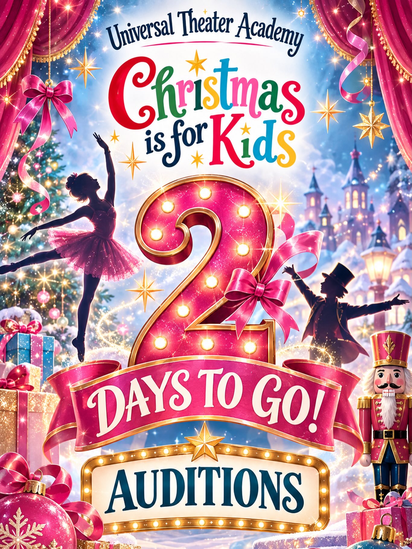 🎭🎄 ONLY 2 DAYS TO GO! ⭐
The stage is almost ready… now we just need YOU!
Auditions for Universal Theater Academy’s inaugural production of Christmas Is for Kids are happening THIS SATURDAY!
Whether you love to SING, DANCE, ACT — or you’ve always wanted to give theater a try — we want to see you! ❤️
✨ AGES 5–18 • ALL SKILL LEVELS WELCOME
📅 Saturday, September 19
⏰ 1:00–3:00 PM
🎄$25 Audition Fee
🌲$250 Program Fee
📍 Universal Performing Arts Center
1825 Tamiami Trail, Unit E6
Port Charlotte, FL 33948
📞 941-613-2323
🎄 Come make friends. Build confidence. Create memories. And experience the magic of being on stage.
2 DAYS. ONE STAGE. YOUR CHANCE TO SHINE. 🌟
#UniversalTheaterAcademy #ChristmasIsForKids #Auditions #MusicalTheater