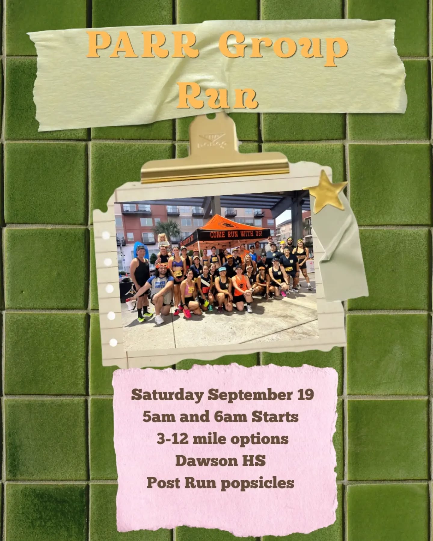 Way to crush your miles last week! Letβs keep that momentum rolling into this weekend!
π Run Details
Date: Saturday, September 19
Location: Dawson High School (running into Tom Bass Park)
Start Times:
5:00 AM β First group starts (will loop back to meet the 6:00 AM crew)
6:00 AM β Second group starts
Distance Options: 3 to 12 miles
Water Stops: Dawson High School & Tom Bass Park
Come lock in those Chevron Marathon training miles with us! πββοΈπββοΈ Stick around after your run to cool down with some post-run popsicles! π§β¨
π Volunteers Needed
We need a few volunteers to help put out water along the route. If you can help keep our runners hydrated, please sign up using the link in our bio!
See you all Saturday morning!