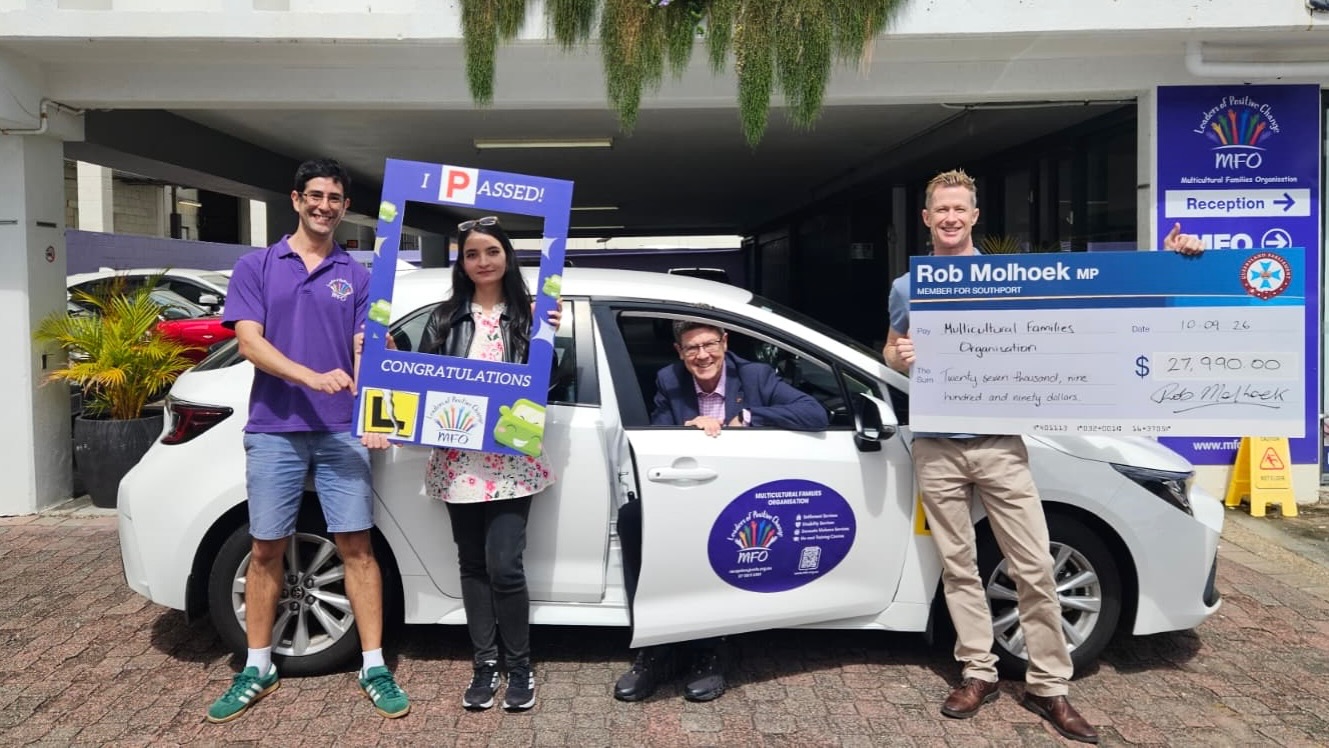 Great news for our Driver Training Program! MFO is thrilled to have received funding through the latest Gambling Community Benefit Fund round towards a new vehicle for our Driver Training Program.
A big thank you to Southport MP @robmolhoekmp for visiting MFO, presenting the funding cheque and meeting our Driver Training team, including Saiqha, who recently passed her driving test! This new vehicle will help us continue supporting community members to build their driving skills, confidence and independence 💜