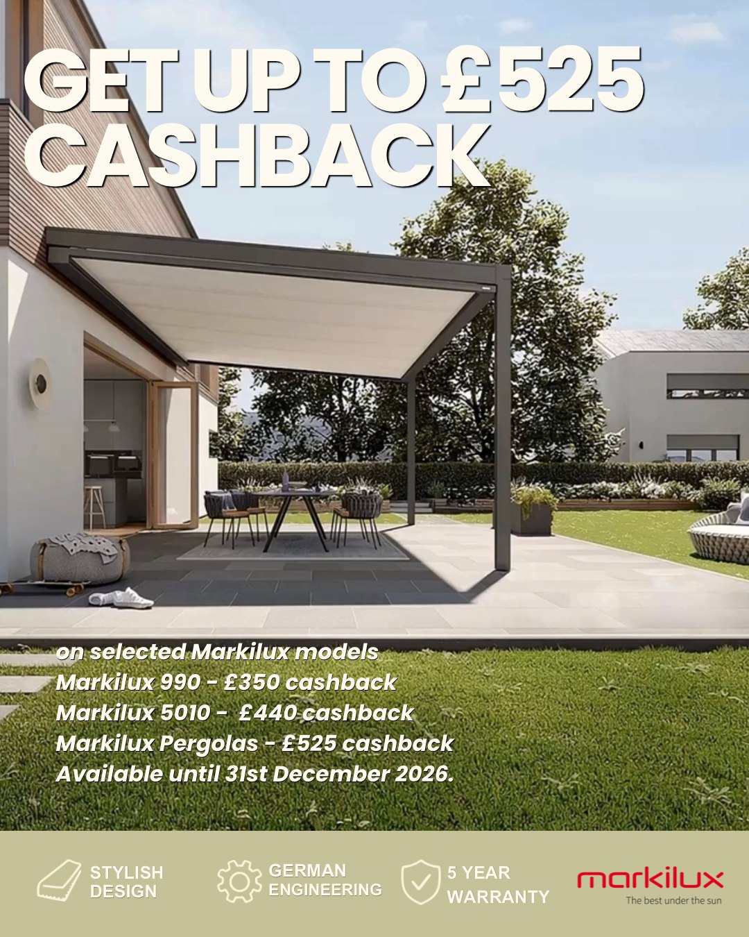 Thinking about upgrading your outdoor space? This could be a very good time to do it.
You can currently receive up to £525 cashback on selected Markilux models:
☀️ Markilux 990 - £350 cashback
☀️ Markilux 5010 - £440 cashback
☀️ Markilux Pergolas - £525 cashback
The offer is available until 31st December 2026, so why wait until next summer to start planning?
📍 Visit our Tenterden showroom
📞 01580 765169
🌐 absblinds.co.uk
#markilux #awnings #tenterden