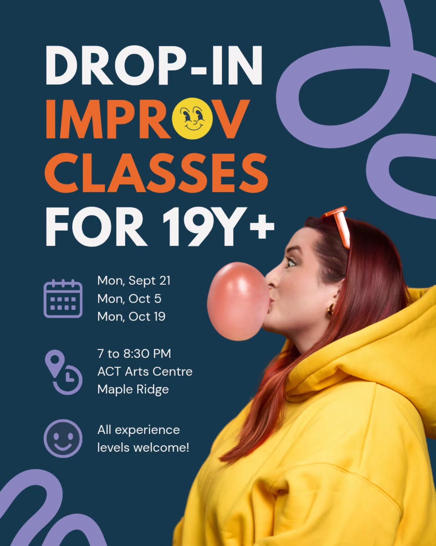 🎭 Drop-in improv is back, back, back again!
Join us Monday, September 21 at 7 PM at the ACT for adult drop-in improv.
Every session brings a new mix of first-timers and experienced performers, with personalized coaching in a fun, supportive environment. Come learn, laugh and build confidence... no experience required!
📅 Sept. 21 | 7 PM
📍 ACT Arts Centre
Pre-register online or sign up when you arrive!
www.improvtheatre.com/classes
#Improv #ImprovComedy #DropInImprov #MapleRidge #LowerMainland ImprovClasses