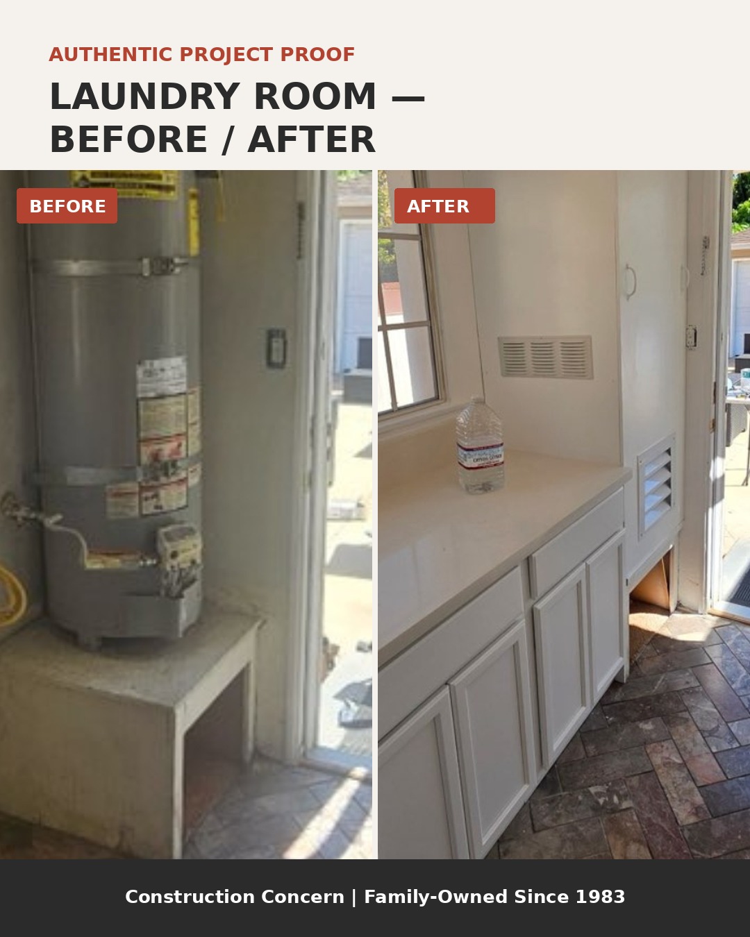 A laundry room does more than hold a washer and dryer. The right layout can make everyday routines easier, improve storage, and help a small space work harder.
This before-and-after uses a verified Construction Concern laundry project so the transformation can speak for itself.
Save this for laundry-room planning inspiration.
