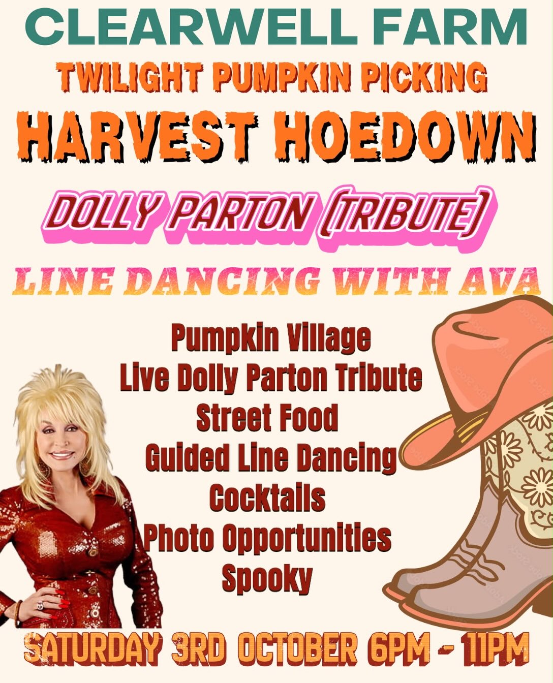 DOLLY PARTON TRIBUTE, LINE DANCING & PUMPKIN PICKING 💃✨🤠
Get ready for our first ever Twilight Pumpkin Picking, Harvest Hoedown! It’s not one to be missed 🎃
An evening of Line Dancing, Street Food & Cocktails, Pumpkin Picking and of course a tribute to the country queen herself Dolly Parton! Grab your boots and join us for a night of country, dancing, pumpkins & fun!
We’ll see you on Saturday 3rd October 6PM–11PM at Clearwell Farm! Get your tickets at clearwellfarm.co.uk 🎃
#cardiff #halloween #southwales #pumpkinpatch #explore