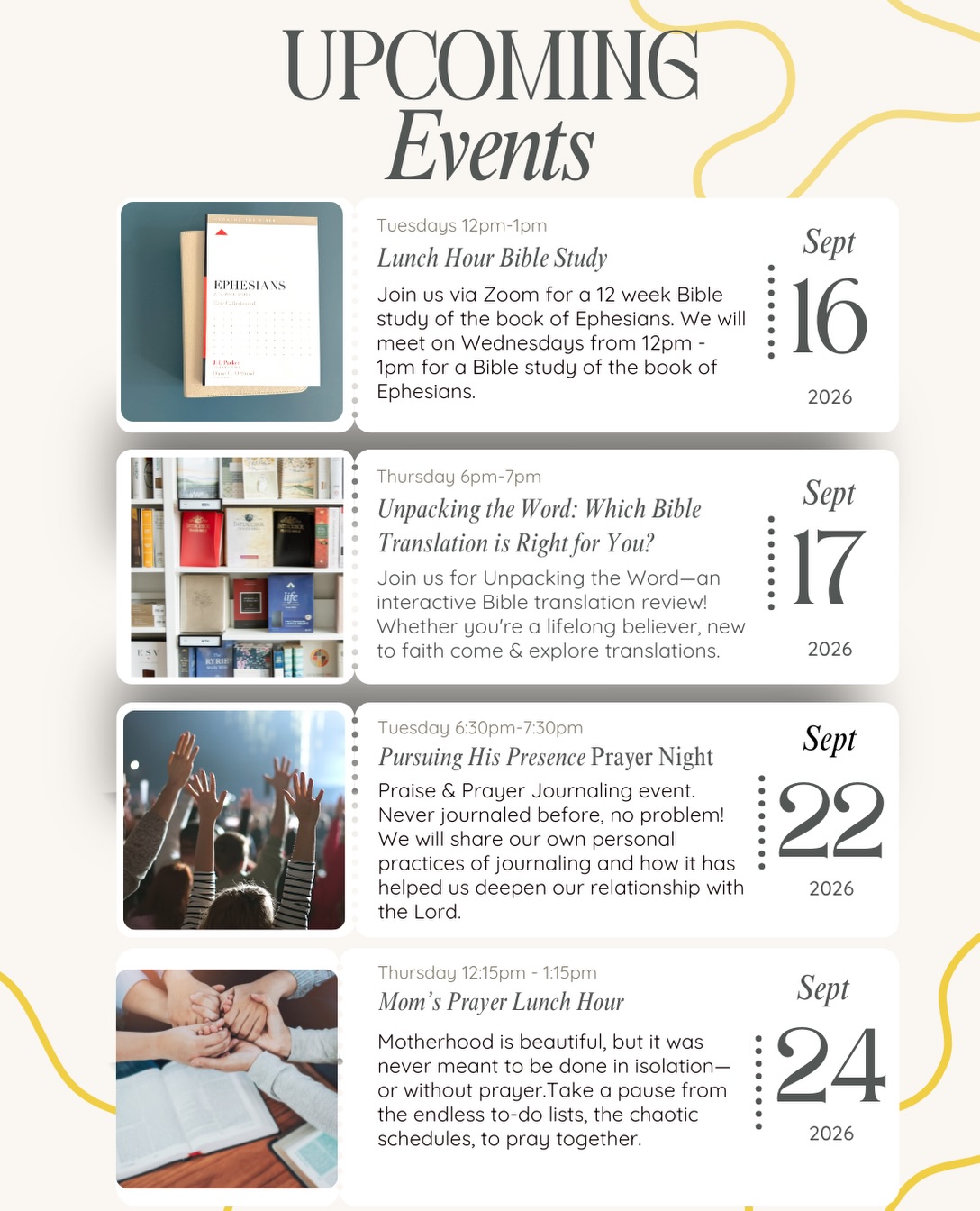 ✨ SEPTEMBER AT ILLUMINATE THE TRUTH ✨
Fall is here, and we have a powerful month lined up for you! Whether you’re looking to dive deeper into Scripture, seek God’s presence, or connect with community, there is a place for you here. Save these dates and RSVP today!
📖 Lunch Hour Bible Study: Ephesians (12-Week Series)
🗓 Wed, Sep 16 | 12:00 PM – 1:00 PM
📍 Online via Zoom
Break up your workday with a deep dive into the book of Ephesians!
📚 Unpacking the Word: Which Bible Translation is Right for You?
🗓 Thu, Sep 17 | 6:00 PM – 7:00 PM
📍 In-Store (18 8th St S, Fargo)
Clear up the translation confusion! Join our interactive review to find the Bible version that fits your personal study best.
🔥 Pursuing His Presence: Monthly Prayer Night
🗓 Tue, Sep 22 | 6:30 PM – 7:30 PM
📍 In-Store (18 8th St S, Fargo)
Come expectant! We are gathering with one heart to seek God’s presence, healing, and breakthrough.
☕️ Mom’s Prayer Lunch Hour
🗓 Thu, Sep 24 | 12:15 PM – 1:15 PM
📍 In-Store (18 8th St S, Fargo)
Pause the chaos and bring your children, family, and heart to the feet of Jesus alongside a supportive community of mothers.
🌱 Seeded at the Right Hand: A Women’s Mini Retreat
🗓 Sat, Sep 26 | 10:00 AM – 2:00 PM
📍 In-Store (18 8th St S, Fargo)
A refreshing half-day retreat featuring biblical teaching, reflection, and fellowship focused on staying rooted in Christ. (Tickets required!)
🖊 Praise & Prayer Journaling
🗓 Tue, Sep 29 | 6:00 PM – 7:30 PM
📍 In-Store (18 8th St S, Fargo)
Discover practical ways journaling can deepen your relationship with God. Beginners welcome—bring your Bible and a journal, we’ll provide the rest!
👇 Tap the link in our bio to RSVP or grab your retreat tickets! Which event are you most excited for? Let us know in the comments!
https://www.illuminatethetruth.org/events
Disclaimer all ministry content, prayer ministry, Bible studies, and educational materials are provided for spiritual and educational purposes and are not medical, mental health, legal, or financial advice.
#IlluminateTheTruth #christianevents #BibleStudy WomenInFaith FargoMoms PrayerNight