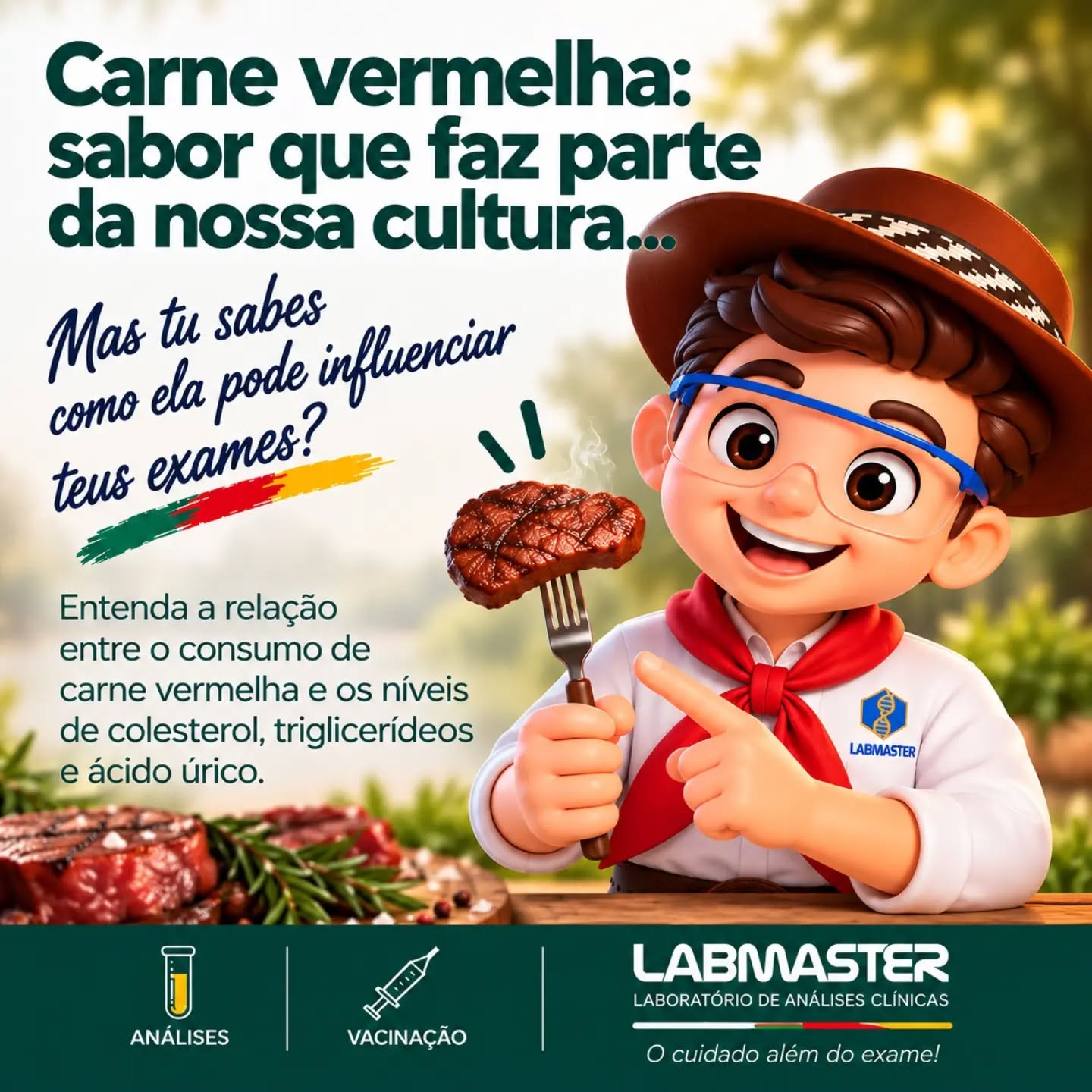A carne vermelha faz parte da nossa cultura e pode fazer parte de uma alimentação equilibrada. Mas o consumo frequente, principalmente de cortes mais gordurosos e associado a bebidas alcoólicas e outros excessos, merece atenção.
🧪 Colesterol, triglicerídeos e ácido úrico são alguns dos marcadores que ajudam a acompanhar como anda a tua saúde metabólica e cardiovascular.
A ideia não é abandonar o churrasco, e sim lembrar do equilíbrio: escolher cortes mais magros, moderar as porções, manter bons hábitos e realizar teus exames periodicamente.
💙 Teu corpo fala. E os exames ajudam a mostrar o caminho!
Labmaster Laboratório de Análises Clínicas e Vacinação
O cuidado além do exame
📱WhatsApp: (53) 98477-1831
☎Telefone: (53) 3263-6435
💻Site: www.labmastersvp.com.br
📧E-mail: atendimento@labmastersvp.com.br
Encontre uma unidade mais próxima de você!
📍Santa Vitória do Palmar (Centro)
Rua Conde de Porto Alegre, nº 547
☎Telefone: (53) 3263-6435
📍Chuí (Centro)
Rua Venezuela, nº 145
☎Telefone: (53) 99925-9864
🕐Horário de funcionamento:
De segunda a sexta-feira, das 7h15 às 11h30 e das 13h30 às 18h
#LabmasterSVP #Saúde #CheckUp #Labzito