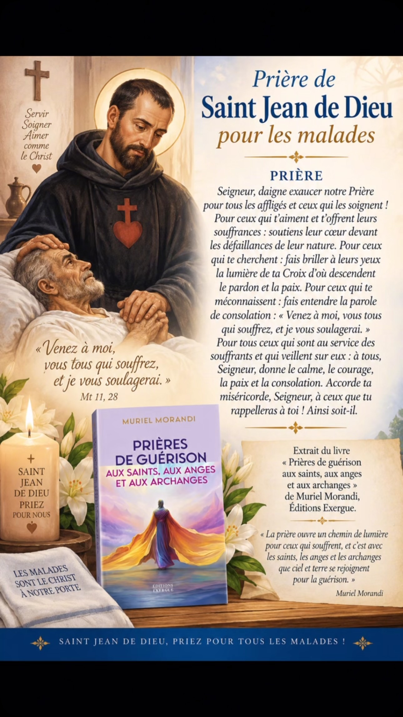 Je vous partage aujourd’hui une magnifique prière de Saint Jean de Dieu pour les malades, une prière de réconfort, de paix et d’espérance.
Dites-moi en commentaire si vous souhaitez que Saint Jean de Dieu prie pour vous ou pour un proche malade. Indiquez simplement le prénom et le besoin.
Extrait de Prières de guérison aux Saints, aux Anges et aux Archanges de Muriel Morandi, Éditions Exergue.
Livre en vente en librairie et sur Amazon.
#SaintJeanDeDieu #PrierePourLesMalades #PriereDeGuerison #Guerison Foi Esperance