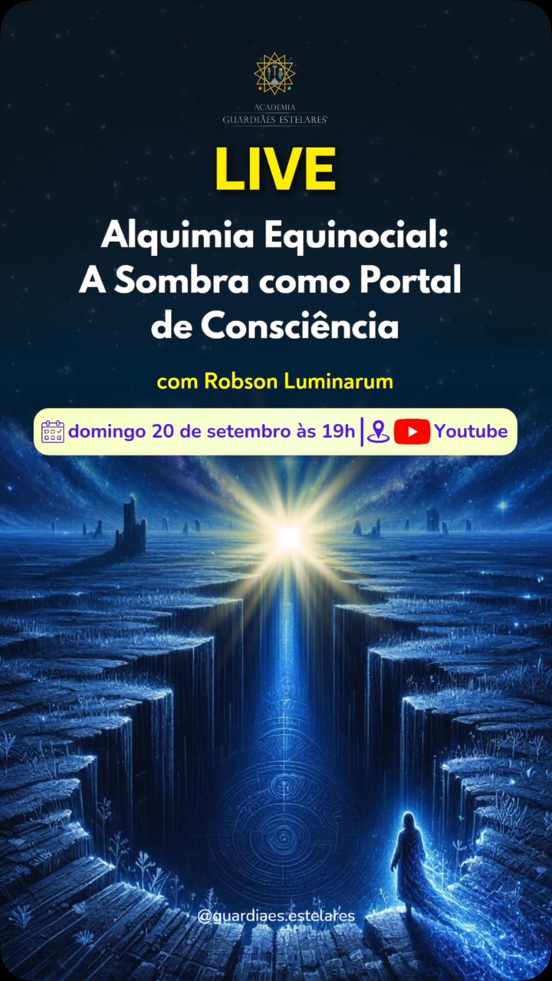 🌑 ALQUIMIA EQUINOCIAL: A SOMBRA COMO PORTAL DE CONSCIÊNCIA ✨
E se aquilo que você tenta esconder, controlar ou superar for justamente uma das portas para recuperar o seu poder?
Nesta Alquimia Equinocial, vamos entrar em um território que muitas vezes é evitado nas jornadas de despertar: a Sombra.
📅 20/09/2026
⏰ 19h 🇧🇷
📍 Ao vivo no meu canal do YouTube
🔗 Link de acesso na Bio
Vamos falar sobre o chamado Corpo de Sombras — Corpo de Trauma ou Corpo de Dor — e compreender por que olhar para essas partes de nós com presença, acolhimento e cuidado pode ser fundamental para o processo de despertar e resgate do nosso poder pessoal.
Porque despertar não significa iluminar apenas aquilo que gostamos em nós.
Também significa ter coragem para olhar para aquilo que foi rejeitado, reprimido, negado ou deixado no inconsciente.
A Sombra não precisa ser sua inimiga. Ela pode se tornar um portal de consciência.
Um portal para reconhecer padrões, recuperar energia, integrar partes de si e ampliar a presença do seu verdadeiro Ser.
E para as Sementes Estelares, essa integração é especialmente importante: não existe expansão real quando tentamos ascender deixando partes de nós para trás.
✨ A verdadeira alquimia acontece quando você aprende a transformar consciência aquilo que antes vivia no automático.
Nesta live, vamos aprofundar essa jornada juntos.
Prepare-se para olhar para a sua Sombra com outros olhos.