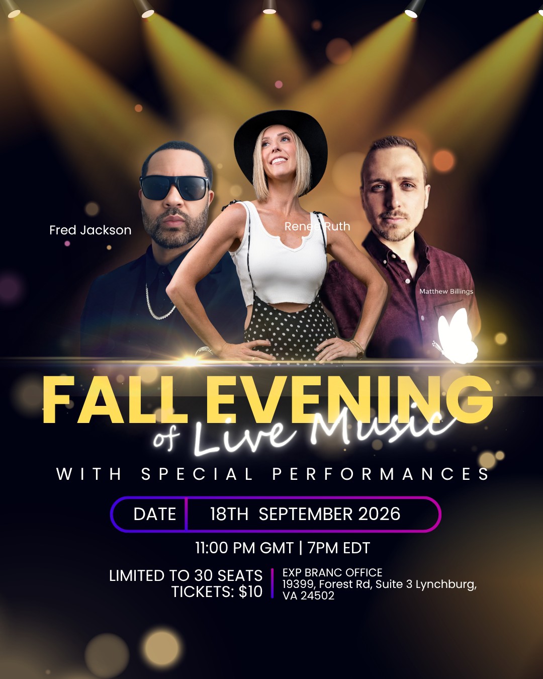 Lynchburg, we’re doing something a little different tomorrow night. 🎶✨
Join Renée Ruth, Fred Jackson, and Matthew Billings for an intimate fall evening of live music—with big energy and only 30 seats available.
📅 Friday, September 18
⏰ 7:00 PM
📍 19399 Forest Road, Suite 3, Lynchburg
🎟️ Tickets: $10
Come experience the music with us before the last seats disappear. Reserve yours through the Facebook event here:https://www.facebook.com/share/1J63eCjR3d/
Reserve your tickets here: https://www.eventbrite.com/e/fall-evening-of-live-music-with-renee-ruth-tickets-1999783694864?aff=oddtdtcreator