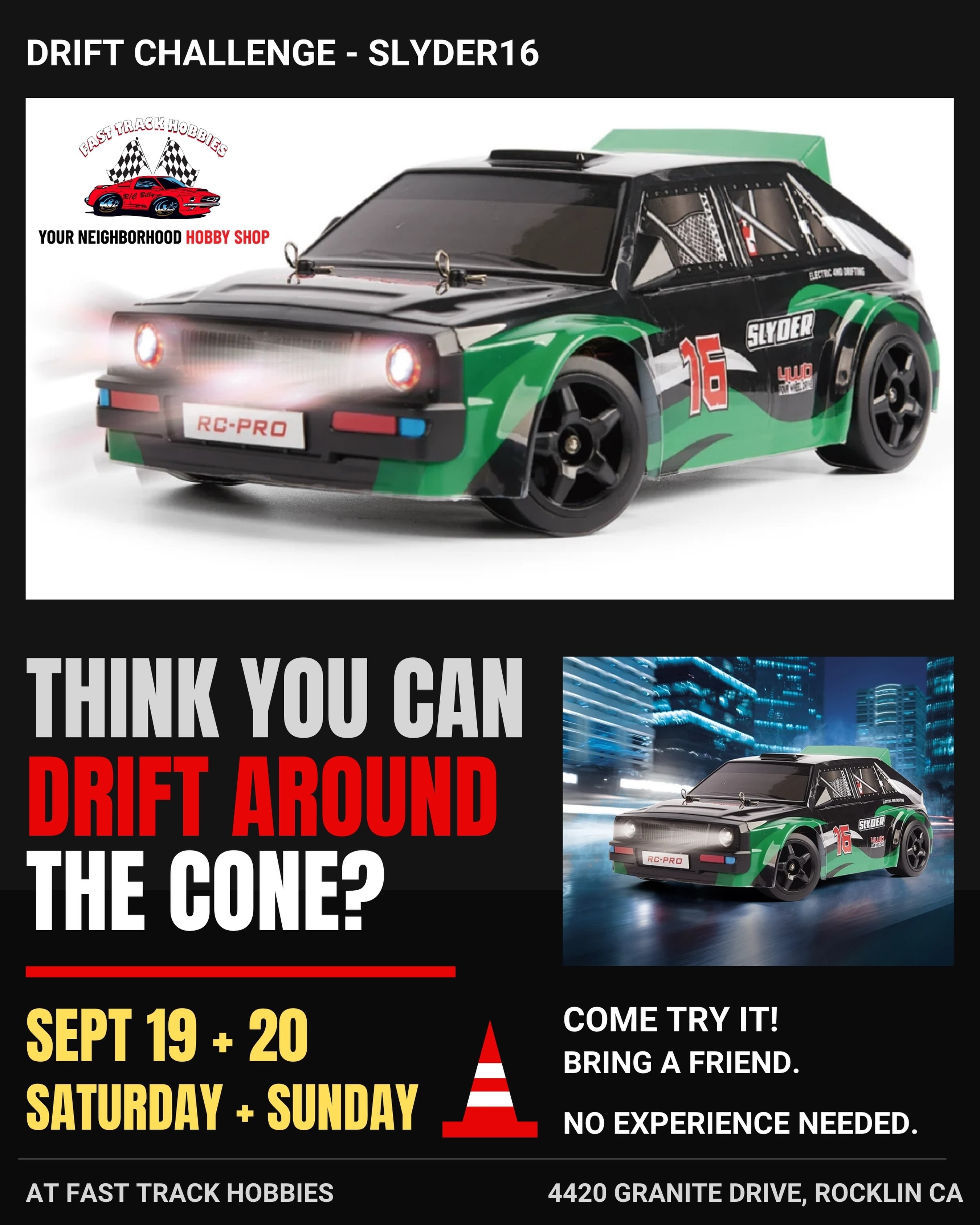 Think you can drift around the cone? π
Come give it a try for free this weekend at Fast Track Hobbies! We will show you the controls, give you a little practice time, then let you take three shots at the challenge with the RC Pro SLYDER16.
Bring a friend and see who gets the hang of it first. Never driven an RC car? You can join in, too π
Looking for something different to do this weekend? Stop by, try drifting, and check out the cars in store. If the SLYDER16 wins you over, we have them available to take home.
#FastTrackHobbies #RCDrift #RCPro #rocklinca #sacramento