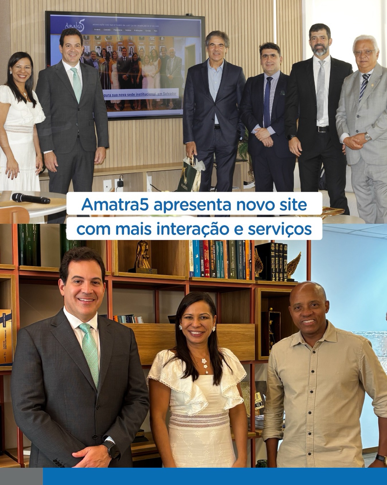 🔺Amatra5 apresenta novo site com mais interação e serviços
🌐 Na última sexta-feira (18/9), a Amatra5 apresentou seu novo site institucional, com layout moderno, navegação mais intuitiva, design interativo e tecnologia responsiva. A nova plataforma traz área restrita para associados, agenda de eventos, cadastro para receber notícias por e-mail e maior integração com as mídias sociais.
O projeto foi apresentado sob a coordenação do diretor de Comunicação da Amatra5, Daniel Ferreira, e contou com a assessoria de Marcelo Oliveira, da Ogro Comunicação. O encontro teve a presença do presidente Leonardo Jorge, da vice-presidente Nadva Cruz, da diretoria e de convidados.
🌐 Acesse: www.amatra5.org.br