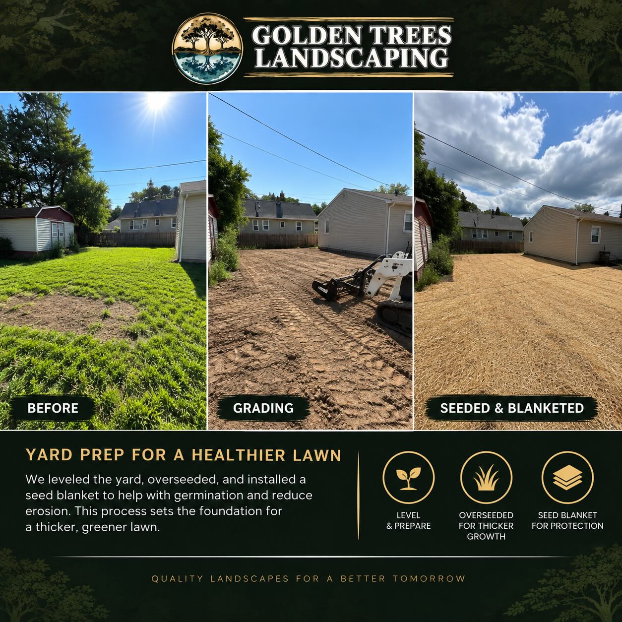 🌱 A stronger lawn starts with the right preparation.
This yard needed more than just seed. We leveled and prepared the existing ground, overseeded the entire area, and installed a seed blanket to help protect the seed, retain moisture, and reduce erosion while new grass gets established.