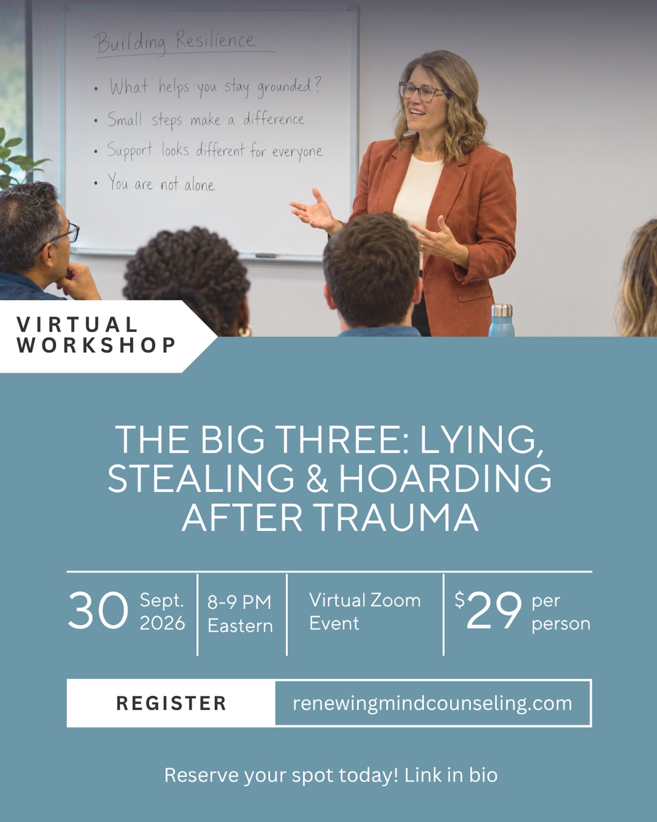 Lying, stealing, and hoarding can be some of the most confusing and frustrating behaviors for parents and caregivers.
In my work with families, I help parents understand that these behaviors are often rooted in survival. That does not mean we ignore them or remove accountability. It means we respond in ways that teach healthier skills while protecting trust and connection.
Join me on September 30th for The Big Three: Lying, Stealing, and Hoarding After Trauma. We’ll explore why these behaviors are so common after trauma and discuss practical ways you can respond with greater confidence, compassion, and consistency.
📅 September 30, 2026
⏰ 8–9 PM Eastern
💻 Live on Zoom
Reserve your spot today at RenewingMindCounseling.com. Tickets are available through the link in our bio.
#TraumaInformedParenting #ConnectedParenting #ParentSupport #ChildhoodTrauma #RenewingMindCounseling