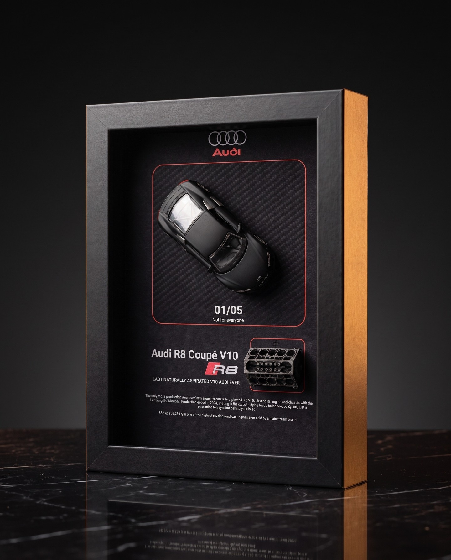 01/05 not for everyone. The Audi R8 Coupé V10 Black Edition: handmade shadow frame with 1:64 matte black diecast, hand-finished 3D V10 engine and COA. Only one piece. Link in Bio
#AudiR8 #BlackEdition #Diecast #MiniatureCars #HandmadeArt #LimitedEdition #Collectibles #CarLovers