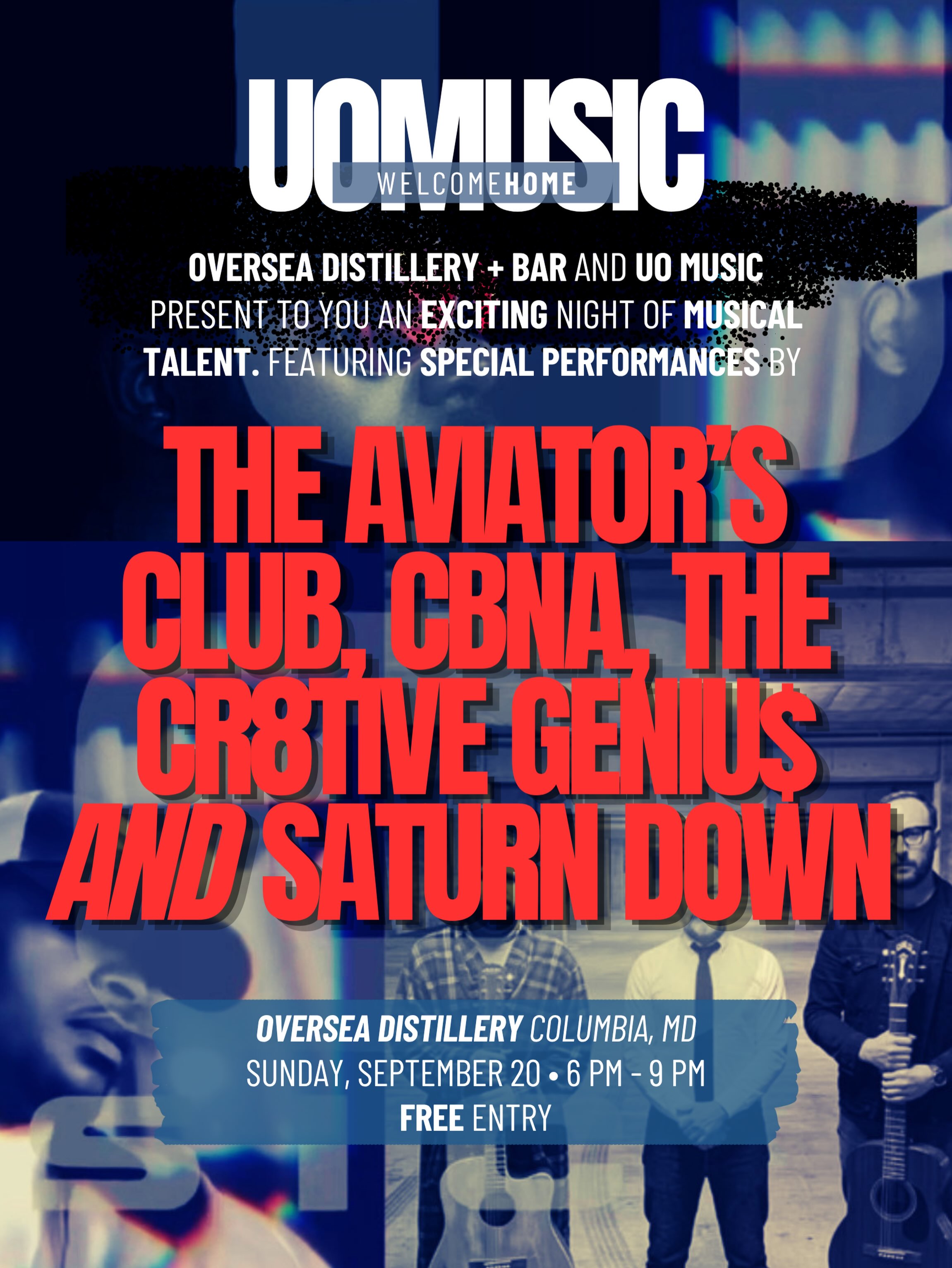 UPDATE: Welcome Home UOMUSIC is now open to the public! 🎉
Join us Sunday, September 20, from 6–9 PM for performances by The Aviator’s Club, CBNA, The CR8TIVE GENIU$, and Saturn Down. Free entry—everyone’s welcome! 🎶