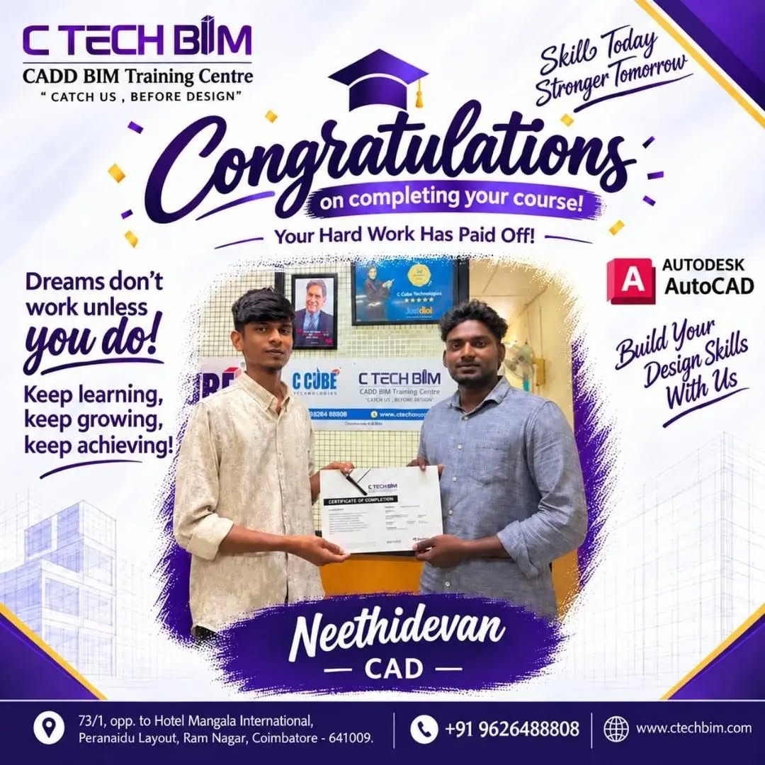 ๐ Congratulations, Neethidevan! ๐
We are delighted to congratulate you on successfully completing your AutoCAD Course at C TECH BIM Training Centre! ๐๐
Your hard work, dedication, and commitment have truly paid off. ๐
Wishing you continued success in your learning journey and a bright career ahead! ๐
๐ก Keep learning, keep growing, and keep achieving!
๐ Coimbatore
๐ +91 9626488808
๐ www.ctechbim.comโ ๏ฟฝ
#CTechBIM #Congratulations #AutoCAD