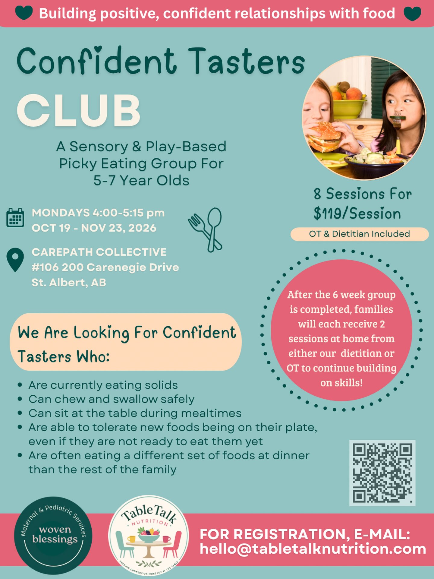 🍽️ Our picky eating group is back this fall and we would love to support your child (ages 5-7)! Our experienced occupational therapist - Kristin and our collaborative dietitian partner - Jill from @tabletalknutrition.ca will be leading these sessions full of learning and tasting! 🍎
🗓️ Mondays Oct 19-Nov 23
⏰ 4:00-5:15pm
🗺️ Carepath Collective - St. Albert, AB
📧 E-mail: hello@tabletalknutrition.com to register
💻 Visit: www.wovenblessings.com > pediatric services > feeding group for more info!