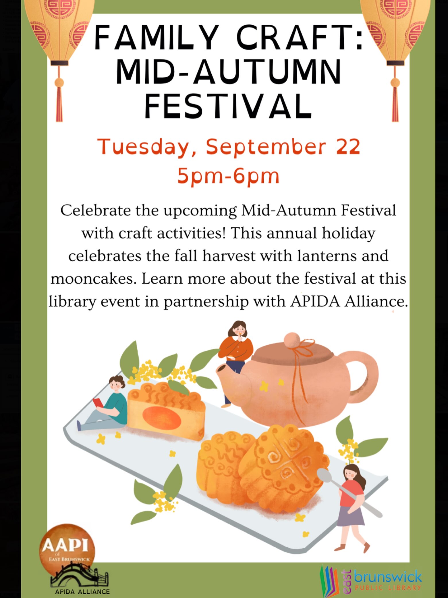 Come visit @ebplibrary tonight to engage in crafts and activities to celebrate the upcoming Mid-Autumn Festival!
Also known as the Moon Festival, the Mid-Autumn Festival is an annual holiday marking the fall harvest. The celebration usually involves lanterns and mooncakes; learn more at today’s program! 🥮🐇