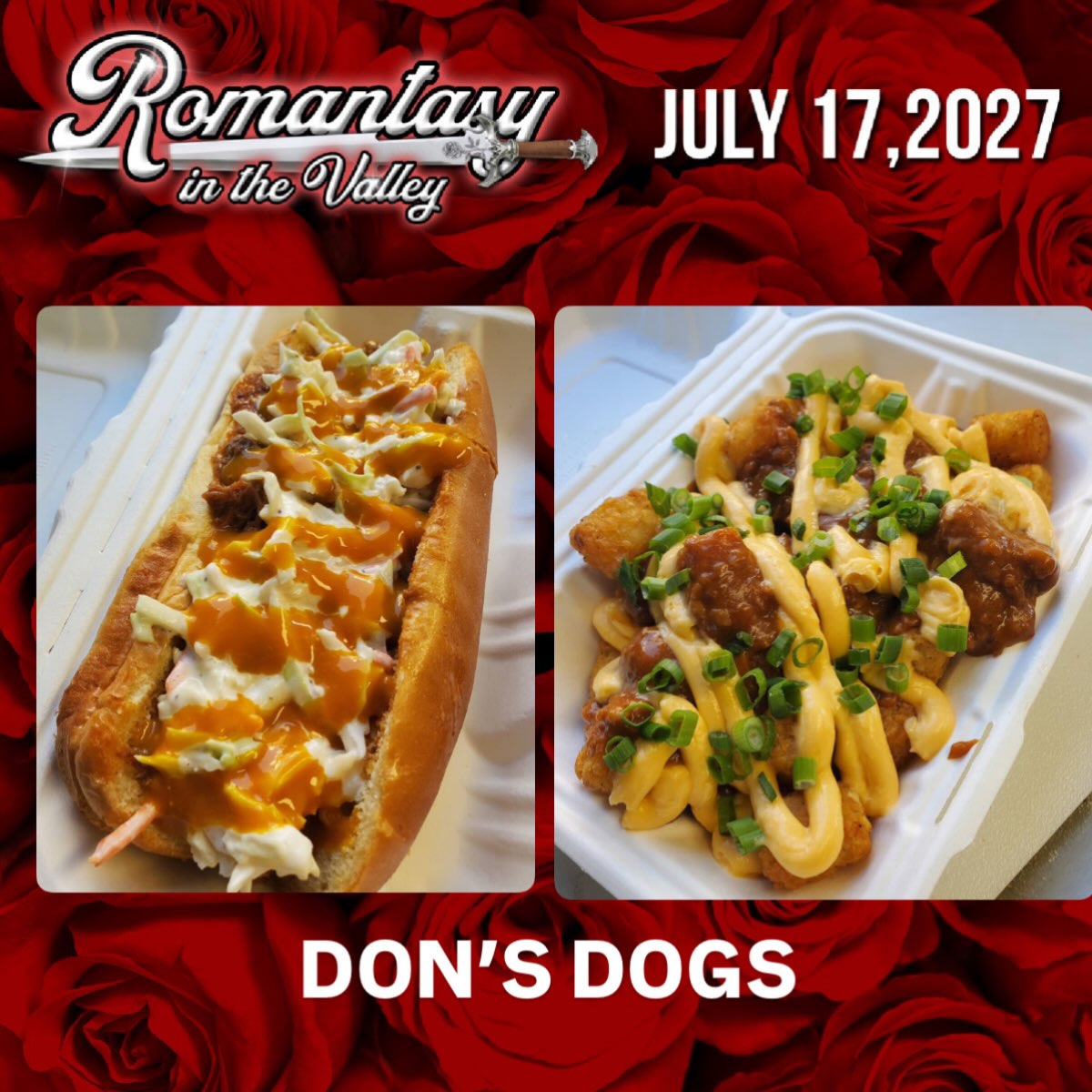 One of the big changes this year is our ability to bring food into our event for you. We are so excited to partner with local businesses to bring great food to this event.
DON’S DOGS will be serving fresh specialty hot dogs, burgers and tots at RITV27 for the duration of the event (10a-430p)!
Be sure to stop by and check out their menu and order your favorite dog made fresh!
7/17/27
BOUMI SHRINERS WHITE MARSH MD
TICKETS ON SALE 10/1/26 only $15
#ritv27 #romantasy #romantasyinthevalley #bookcon #foodtruck