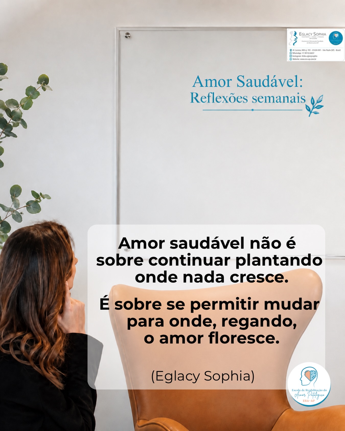 Quando um relacionamento não caminha, não se desenvolve e continua patinando nos mesmos conflitos e em conversas que não levam a entendimento ou acordo, talvez não seja mais hora de insistir, mas de enfrentar o que existe e aceitar.
Essa aceitação pode ser triste, mas também pode trazer calma e permitir enxergar um outro lugar para amar de forma mais saudável, com entendimento e, ao mesmo tempo, crescimento pessoal.
Você consegue perceber quando insistir deixou de ser saudável e passou a prolongar o sofrimento?
Eglacy Sophia
Psicóloga | CRP 06/33686
Especialista em relacionamentos e problemas amorosos-sexuais
Conte comigo 🌿
#amorsaudável #relacionamentossaudáveis #psicologiaclinica #relacionamentos #saudemental