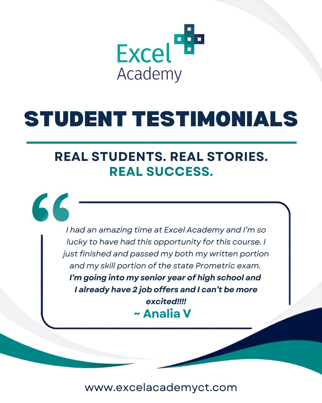 Now THIS is what starting your future early looks like. ✨
Analia completed her CNA training, passed both portions of her Prometric exam, and is heading into her senior year of high school with two job offers already waiting for her.
That is something to celebrate!
Congratulations, Analia. We cannot wait to see where you go from here.
#excelacademy #futurecna #prometricpass #cnatraining #studenttestimonial #healthcarecareers