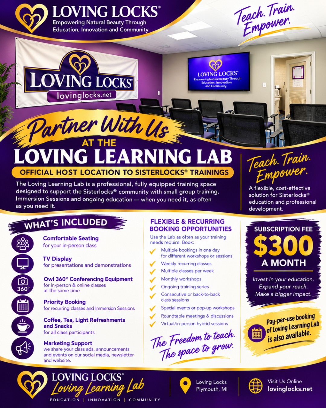 A New Space for Learning, Training & Growth Is Coming to Plymouth, Michigan!
We’re excited to introduce the Loving Learning Lab — a professional, fully equipped space designed for educators, trainers, professionals, and communities looking for a welcoming place to teach, connect, and grow. 💜💛
While the Loving Learning Lab proudly serves the Sisterlocks® community, we’re also open to other educators, trainers, workshops, classes, meetings, and learning experiences that need a flexible and professional space.
🏫 Comfortable seating
📺 TV display for presentations & demonstrations
📹 360° conferencing equipment
📅 Flexible & recurring booking options
☕ Coffee, tea, light refreshments & snacks
📣 Marketing support for your classes and events
Our soft opening is coming this October! 🎉
Interested in seeing the space? Tours will be available by appointment starting October 4.
📍Plymouth, Michigan
Want to learn more about the space, bookings, or partnership opportunities?
📞 Contact Janelle at 734-795-0177
Teach. Train. Empower.
The freedom to teach. The space to grow. 💜💛
#PlymouthMI #Michigan #LearningSpace #TrainingSpace #WorkshopSpace #EducationAndTraining #ProfessionalDevelopment #spaceforrent