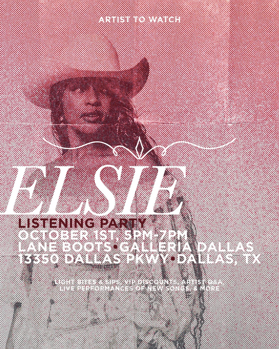 Mark it down; Elsie's throwing a LISTENING PARTY and you're invited. 🎤
Light bites, sips, VIP discounts, an artist Q&A, and live performances of new music, all before she takes the Rooted In Rhythm stage.
📍 Lane Boots, Galleria Dallas
🗓️ October 1st, 5 to 7pm
This is the kind of thing you don't want to just hear about after it happens. Pull up!
#RootedInRhythm2026 #MMCF #Elsie #ArtistToWatch