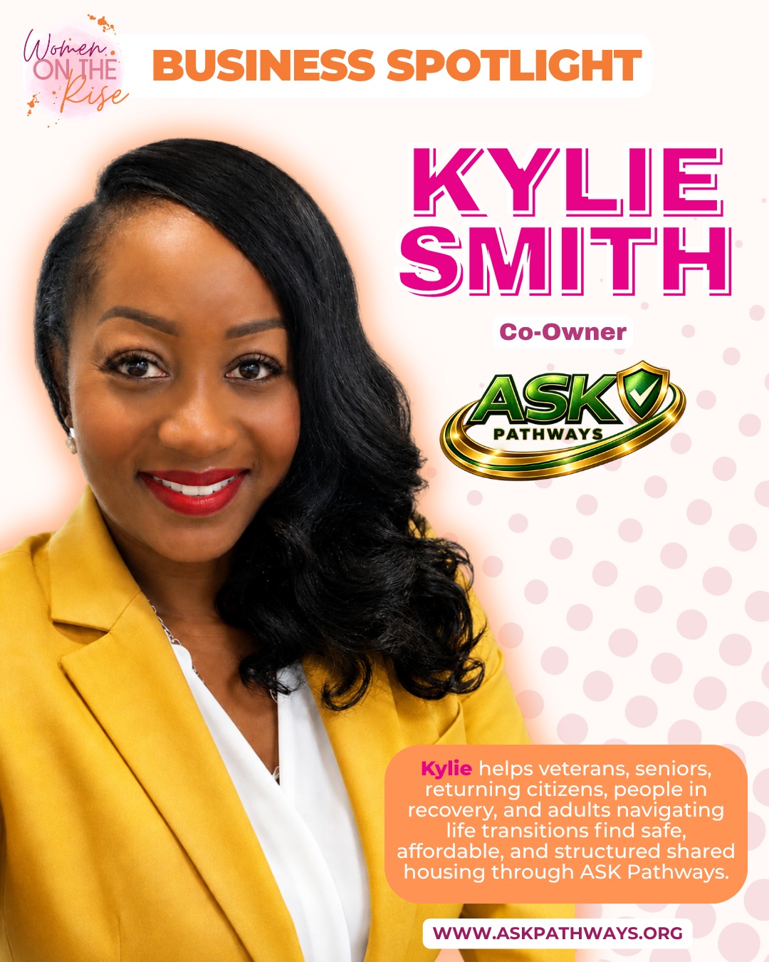 🌟 WOTR Member Business Spotlight: ASK Pathways 🌟
Kylie Smith
Co-Owner | ASK Pathways
Kylie is a behavioral health & community services entrepreneur and community advocate. With a background in education, operational leadership, and program development, she creates services to address housing instability, homelessness, mental health, substance use, and barriers to long-term stability.
ASK Pathways provides safe, affordable, and structured shared housing for independent adults throughout Central Florida. Serving veterans, seniors, returning citizens, people in recovery, individuals transitioning from treatment programs, and adults navigating life transitions.
Services include:
🏠 Affordable shared housing
🏠 Private rooms in furnished homes, Utilities included
🏠 No credit checks
🏠 Structured, supportive environments
🏠 Resident activities & community experiences
🏠 Optional 12-week Life Skills Program: covering budgeting, credit, résumé development, job searching, career growth, homeownership education, community resources, goal setting, & planning for the future.
ASK Pathways’ co-owner is a 21-year Active Duty Army Veteran and Veterans Claims Agent who assists veterans with navigating the VA claims and benefits process.
How to Support:
✨ Refer someone who needs safe, affordable housing
✨ Connect the team with social workers, case managers, hospitals, veteran organizations, re-entry programs, nonprofits, churches, and other community partners
✨ Introduce them to property owners or investors
✨ Partner to provide employment, education, transportation, healthcare, or other resident resources
✨ Sponsor move-in needs, household essentials, activities, or workshops
✨ Follow, share, and spread the word
ASK Pathways serves Osceola, Orange, Lake, and Polk counties and is accepting residents, referrals, partnerships, and property opportunities.
🌐 Website: https://www.askpathways.org
📱Insta: @askpathwaysfl
📘Facebook: ASK Pathways
🔗LinkedIn: Kylie Smith
Please help us celebrate Kylie and share this spotlight with someone who may benefit or have a valuable connection! 💜
#WOTRMemberSpotlight #WomenOnTheRise #ASKPathways #CentralFloridaHousing #WomenInBusiness