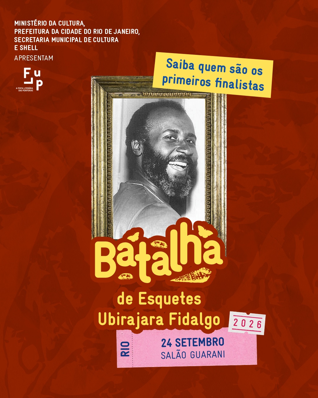 BATALHA DE ESQUETES UBIRAJARA FIDALGO - DIA 1
Seis apresentações potentes marcaram o primeiro dia da semifinal da Batalha de Esquetes Ubirajara Fidalgo e dois grupos seguiram para a final no dia 27 de setembro.
Parabéns, Albatroz Cia de Teatro @albatrozciateatro e Eparrey Produções @eparreyproducoes ! Vemos vocês no domingo!
Vocês não podem perder! #vempraflup celebrar as histórias na maré da memória.🌸
Até 27 de setembro no Teatro Carlos Gomes, Praça Tiradentes e Salão Guarani.
A 16ª FLUP é apresentada pelo Ministério da Cultura, Prefeitura da Cidade do Rio de Janeiro, Secretaria de Cultura e Shell. Tem patrocínio master da Shell por meio da Lei Federal de Incentivo à Cultura, patrocínio da Prefeitura da Cidade do Rio de Janeiro e Secretaria de Cultura, por meio da Lei Municipal de Incentivo à Cultura - Lei do ISS, e Secretaria Municipal de Educação. O apoio é da Fundação Ford, Imaginable Futures, Instituto Ibirapitanga, Hawthornden Foundation, Fundação Itaú e British Council. A parceria é da Embaixada da França. Realização: Suave, Associação Na Nave e Ministério da Cultura.
De 16 a 27 de setembro, o Rio recebe a primeira edição da Semana de Arte do Rio.
Serão 12 dias de programação, reunindo festivais, exposições, intervenções urbanas e atividades de diferentes linguagens artísticas em espaços culturais, museus, teatros, galerias e equipamentos públicos da região central.
Uma plataforma que conecta arte, cultura, cidade e economia, fortalecendo o Rio como referência na produção artística contemporânea.