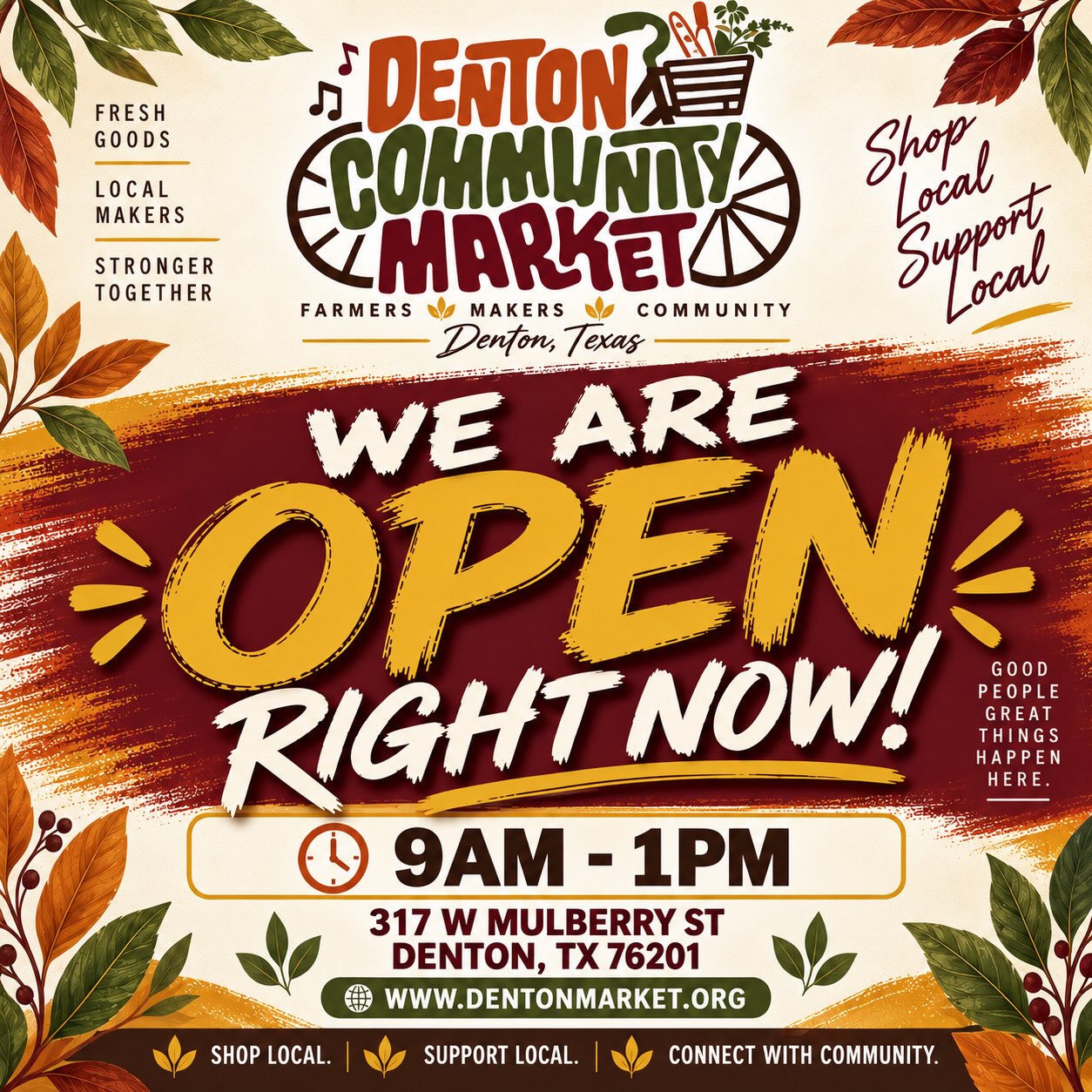 ๐ฟ๐ WE ARE OPEN RIGHT NOW! ๐๐ฟ
Denton, itโs market day! ๐๏ธโจ Come out and SHOP LOCAL, SUPPORT LOCAL & CONNECT WITH COMMUNITY!
Join us today at the Denton Community Market for fresh goods, local makers, delicious treats, unique finds, and an amazing community atmosphere! ๐
๐ 317 W. Mulberry St., Denton, TX 76201
โฐ 9AMโ1PM
๐ www.dentonmarket.org
Bring the family, invite a friend, and discover something local youโll love! ๐ฑ๐
#DentonCommunityMarket #DentonTX #ShopLocal #SupportLocal #BuyLocal FarmersMarket DentonFarmersMarket LocalMakers DentonEvents CommunityMarket ShopSmall SupportSmallBusiness