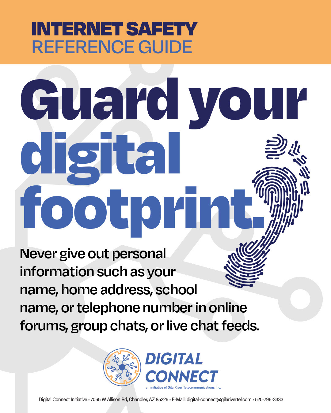 Guard your digital footprint to keep our community strong and secure.
Our stories, heritage, and people are sacred. When you are participating in online forums, information hubs, or chat groups, remember that what you share stays out there forever.
Think twice before posting personal details like birthdays, phone numbers, locations, or photos that reveal daily routines.
Let’s look out for one another online just as we do at home. By practicing safe sharing, we protect our most precious community resources—our Youth and our Elders.
https://www.digitalconnect.org/contact
Be the shield for your family. Keep personal information personal.
#GilaRiver #DigitalFootprint #ProtectOurElders #ProtectOurYouth #CyberSecurity #GilaRiverIndianCommunity #StaySafeOnline