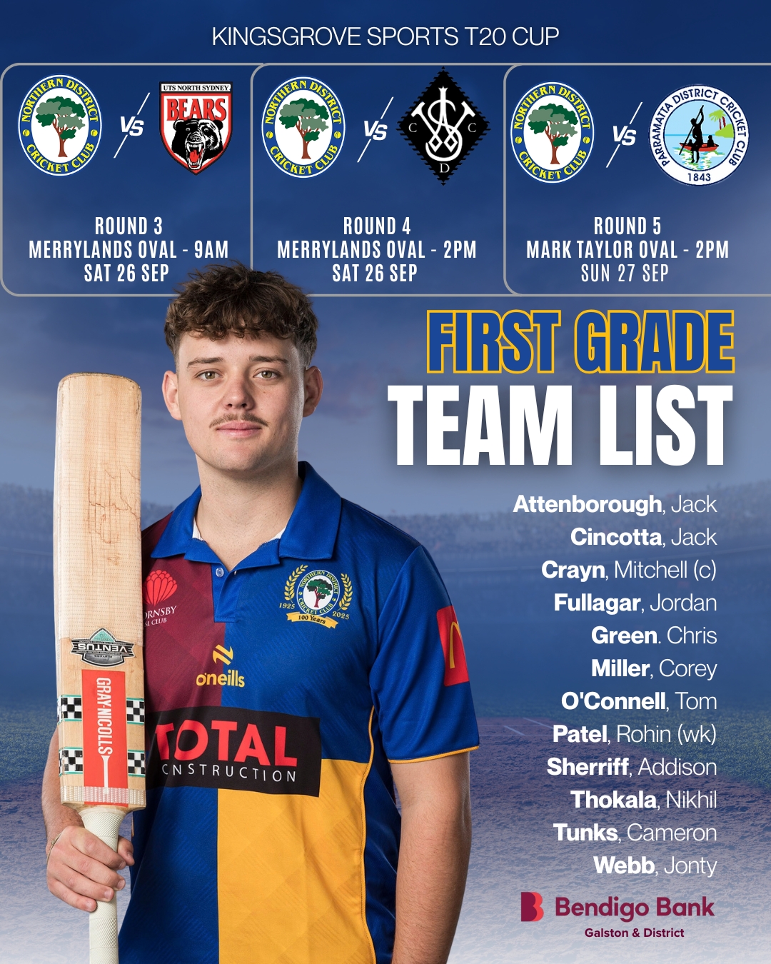Men's Team lists are in! 🌳
Second to Fifth Grade will get their seasons underway against Mosman, while a First Grade faces UTS North Sydney, Western Suburbs and Parramatta in a T20 triple-header.
There's four T20 matches at our newly refurbished Mark Taylor Oval across Saturday and Sunday. Come down and support the Rangers!
Proudly brought to you by Bendigo Bank - Galston & District