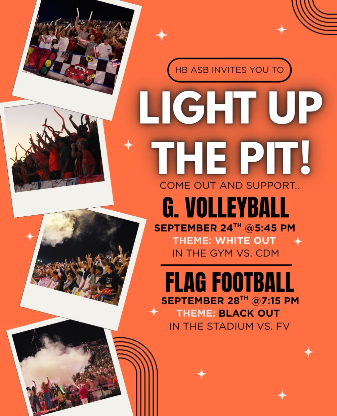 Hey oilers let’s LIGHT UP THE PIT as we support our amazing Girls Volleyball and Flag Football programs!
🏐: Thursday, September 24th @ 5:45 pm against CDM. Come out wearing WHITE!
🏈: Monday, September 28th @ 7:15 pm against FV. The theme is BLACK out!
Hope to see you all there! 🫵🧡