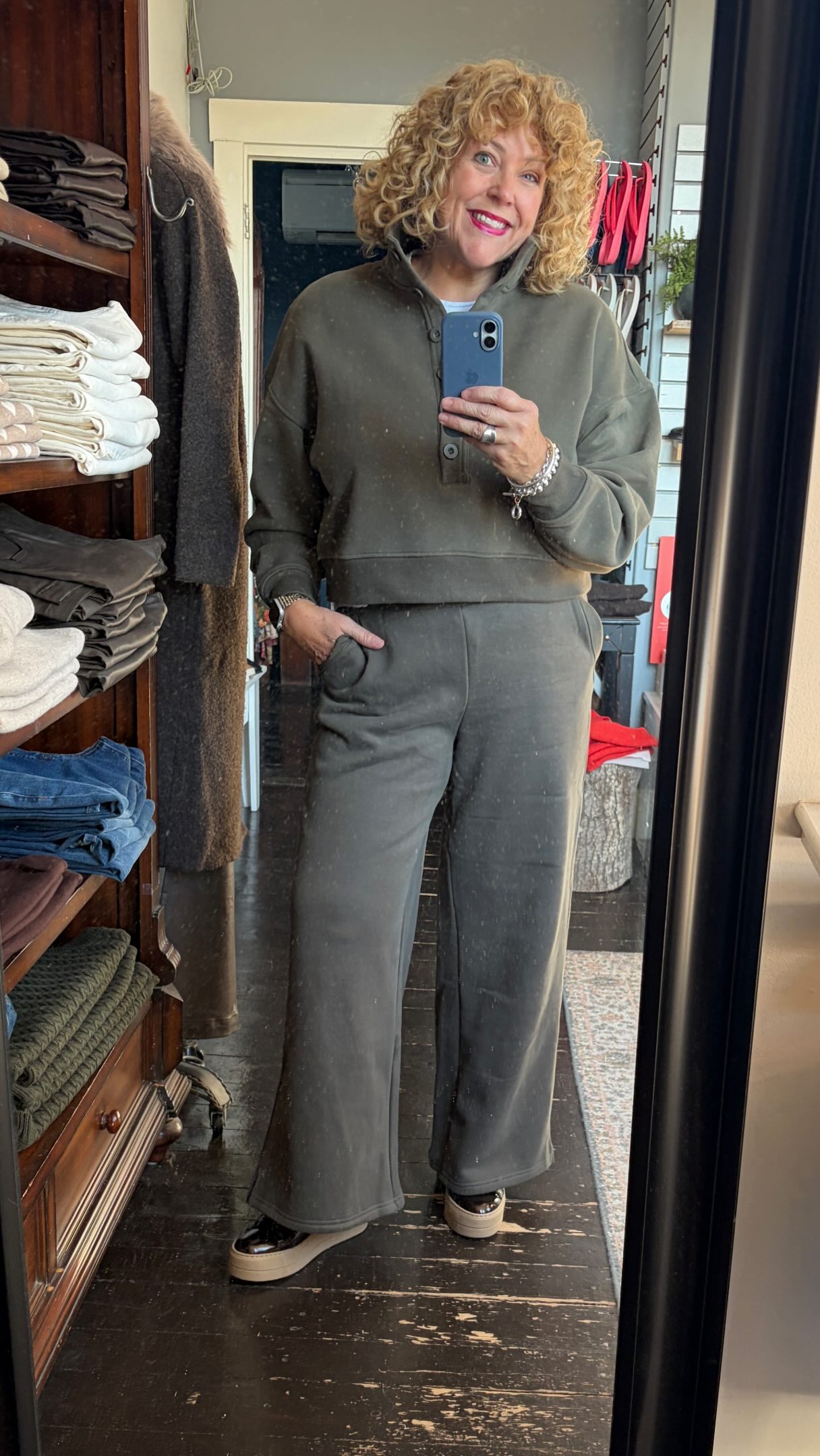 Two new cotton sweat suits that are so cozy for chilly days. I will be wearing this all winter at home and possibly at the grocery store😉. Each suit only comes in the colour shown, brown hoodie is $75 and pants are $80. Open 10-5 today.