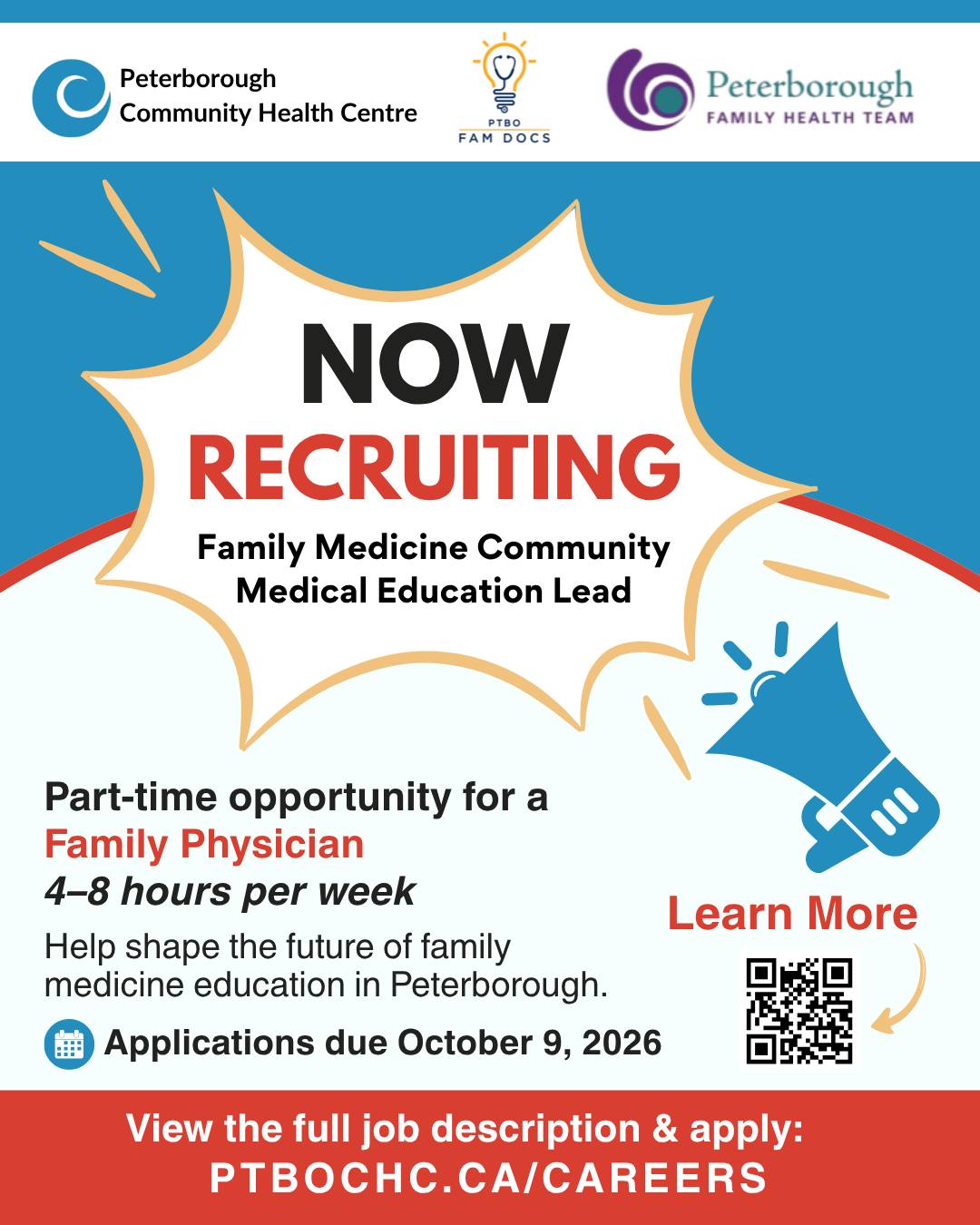 📣 Now Recruiting: Family Medicine Community Medical Education Lead
PTBO Fam Docs, in collaboration with Peterborough Community Health Centre (PCHC) and Peterborough Family Health Team (PFHT), is seeking a Family Physician to lead the development of a coordinated community family medicine medical education strategy in Peterborough.
This physician leadership role offers an opportunity to:
• Strengthen the community family medicine preceptor network
• Expand meaningful learning opportunities for medical learners
• Build partnerships with academic, healthcare and community organizations
• Support the future of family medicine in Peterborough
🩺 4–8 hours per week
📅 Applications due October 9, 2026
Interested? View the full job description and application details: ptbochc.ca/careers
#FamilyMedicine #MedicalEducation #PhysicianLeadership #Peterborough #FamilyDoctors