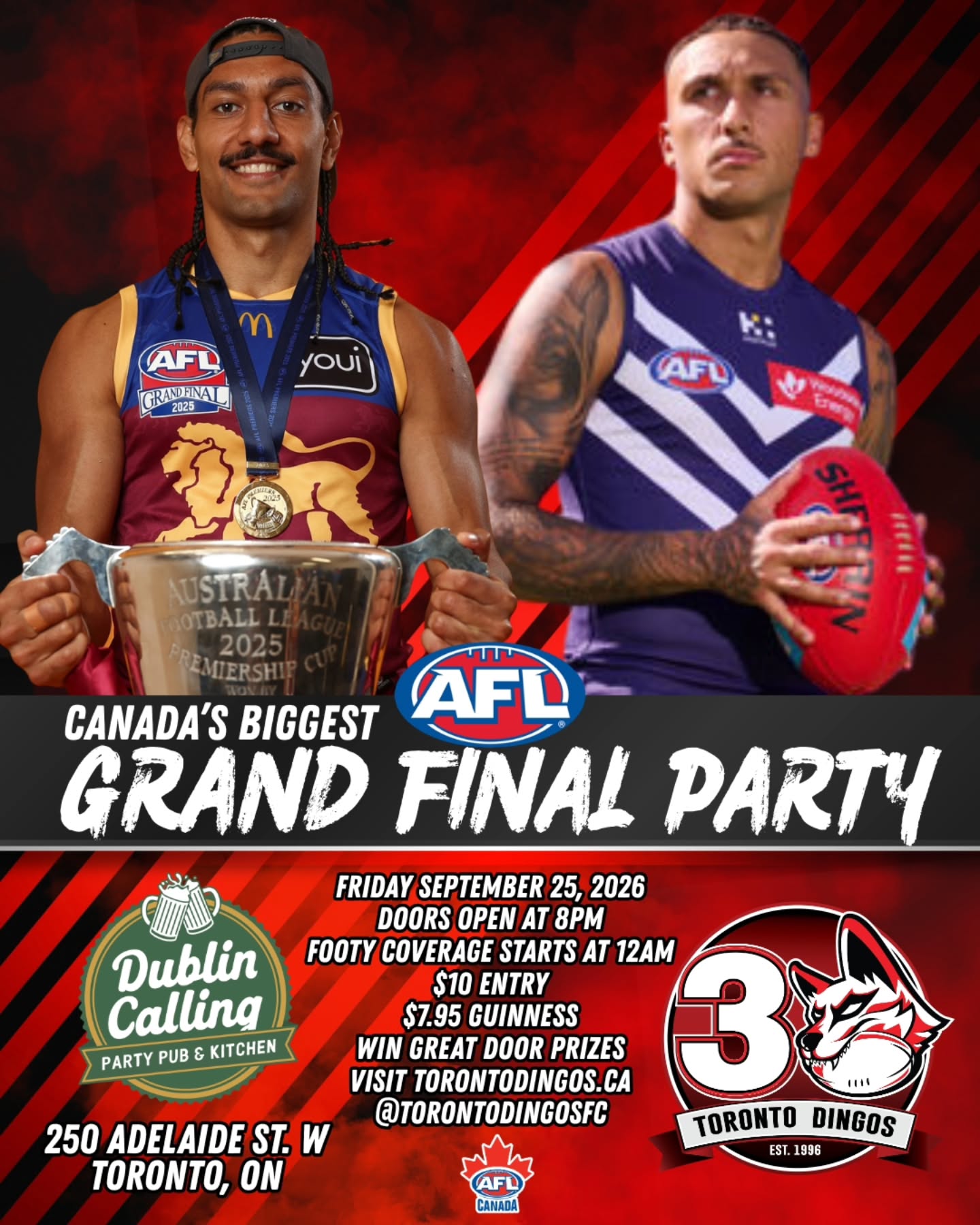 The matchup is set!
Join the Pack at @dublincallingadelaide this Friday to watch the @brisbanelions and @freodockers battle for the flag!
Canada's biggest AFL Grand Final Party
Date: Friday, September 25
Location: Dublin Calling — 250 Adelaide St
Time: Doors at 8 p.m., Footy at midnight
Tickets: $10 at the door
#AsAPack
#aflgrandfinal