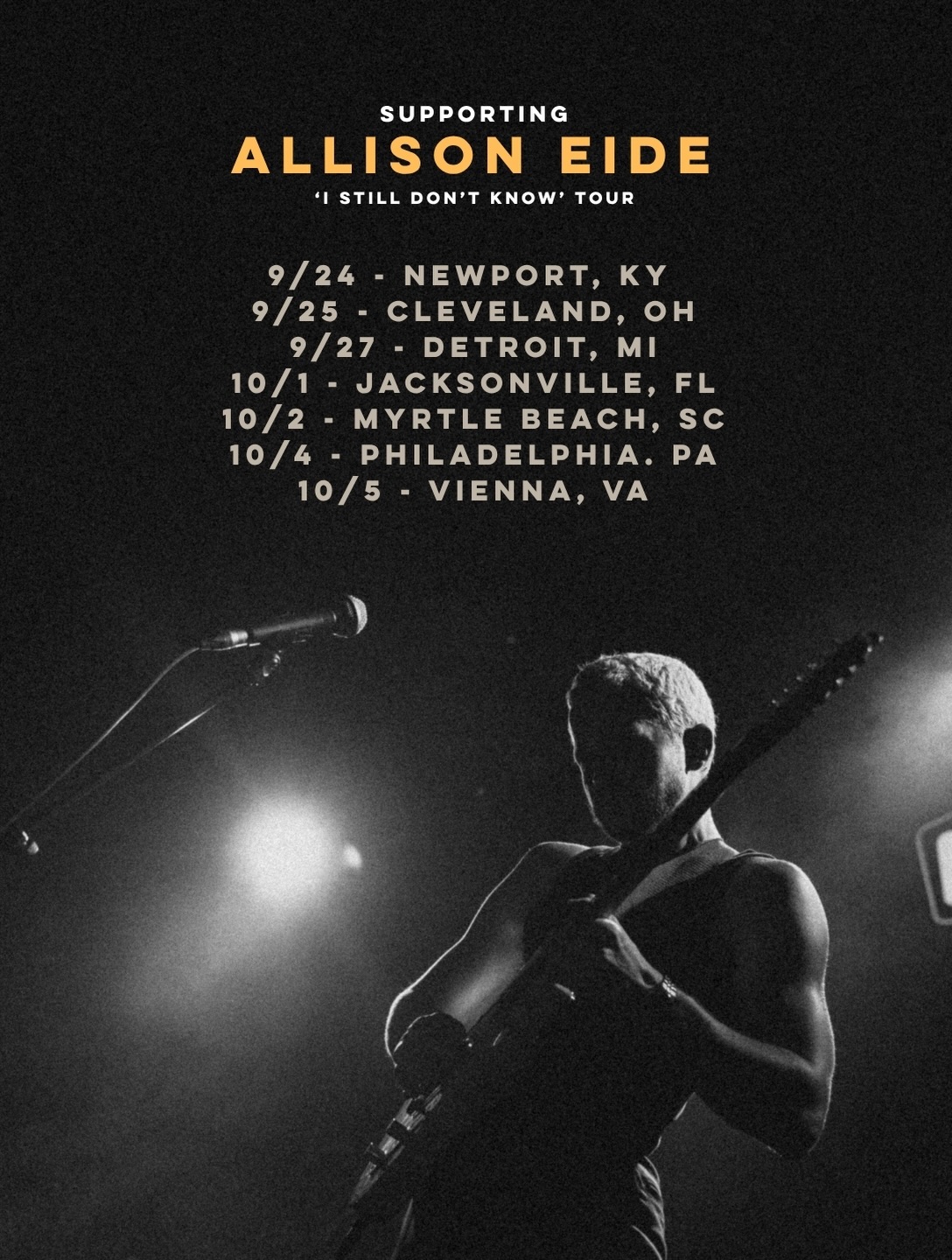 opening up on tour w/ @allison_eide these next 2 weeks 🥳 dates below 👇🏼
9/24 - Newport, KY
9/25 - Cleveland, OH
9/27 - Detroit, MI
10/1 - Jacksonville, FL
10/2 - Myrtle Beach, SC
10/4 - Philadelphia, PA
10/5 - Vienna, VA (Washington, DC)